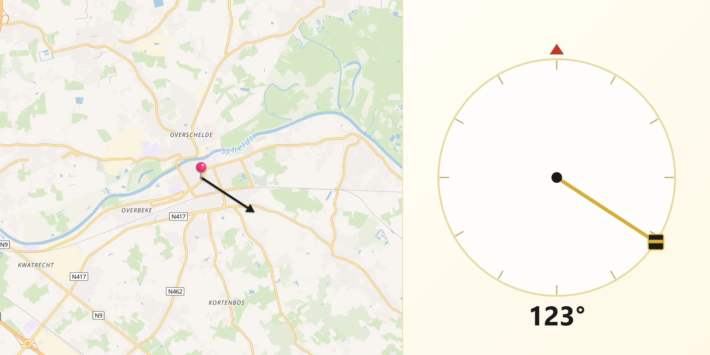 Direction vers la Qibla depuis Wetteren