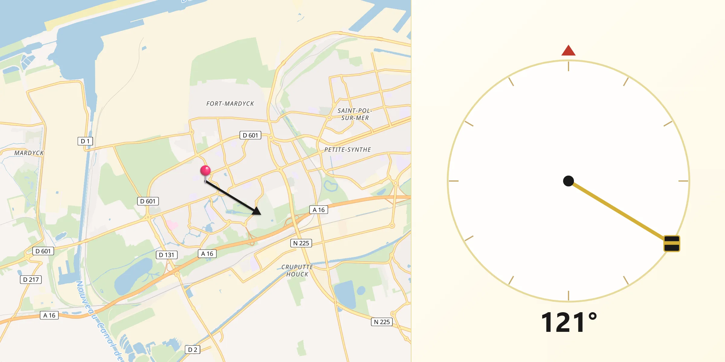 Direction vers la Qibla depuis Grande-Synthe