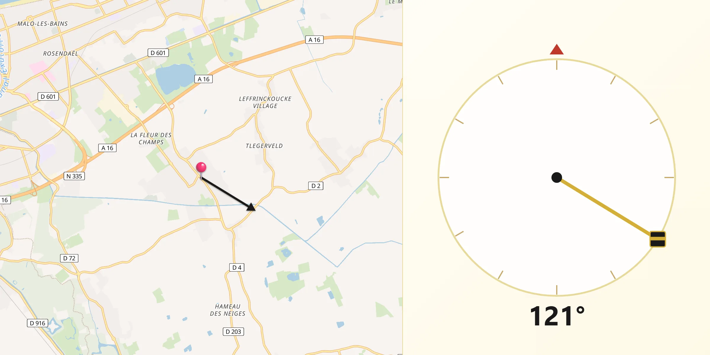 Direction vers la Qibla depuis Téteghem