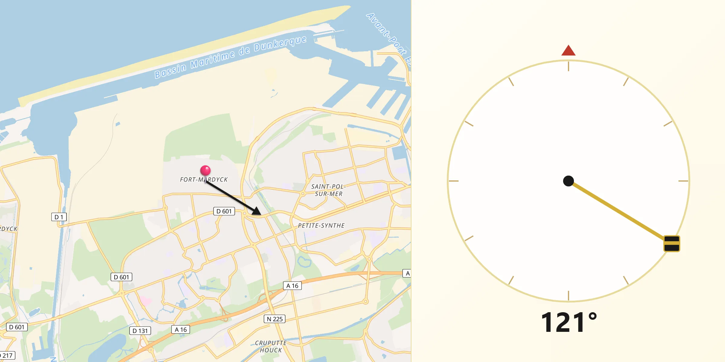 Direction vers la Qibla depuis Fort-Mardyck