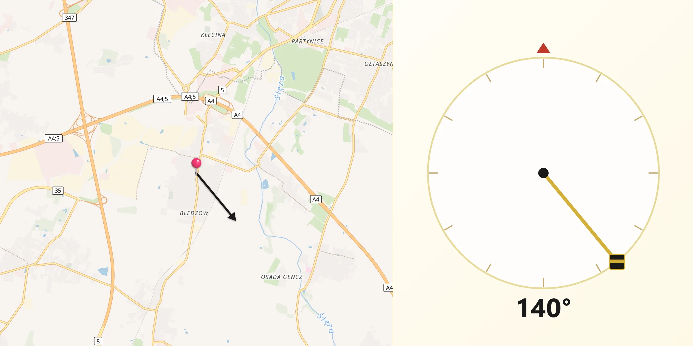 Kierunek Qibla z Bielany Wrocławskie