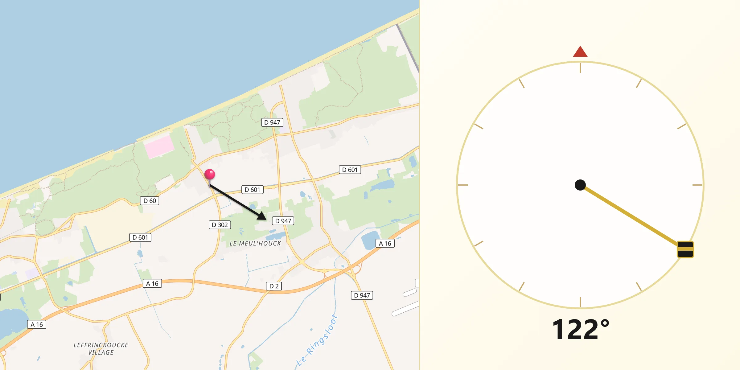 Direction vers la Qibla depuis Zuydcoote