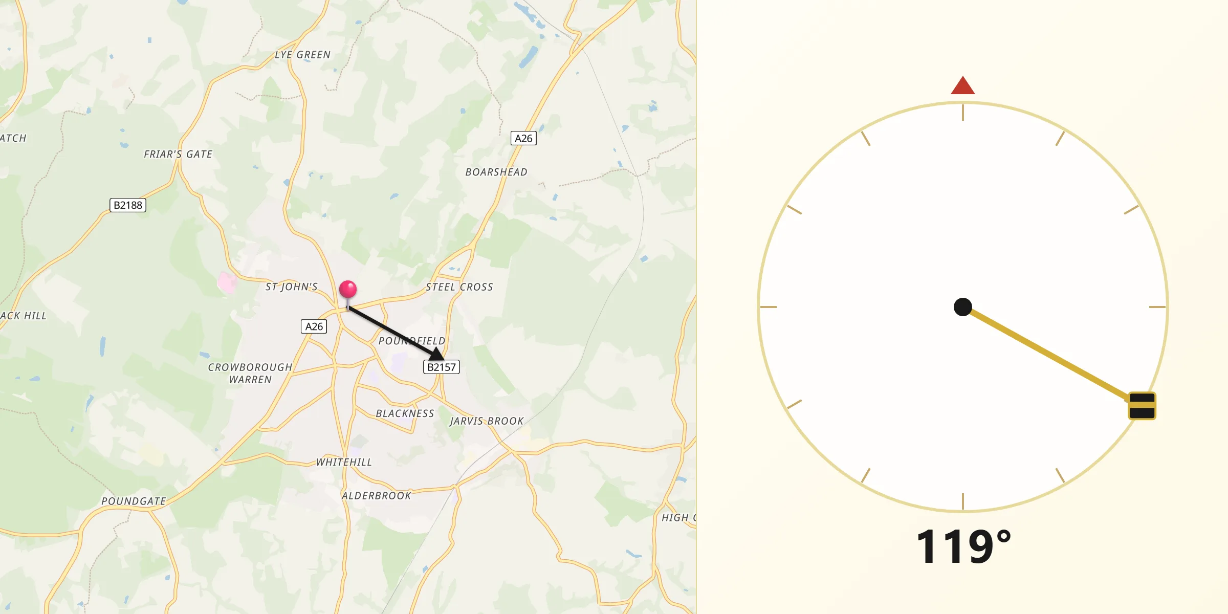 Qibla Direction from Crowborough