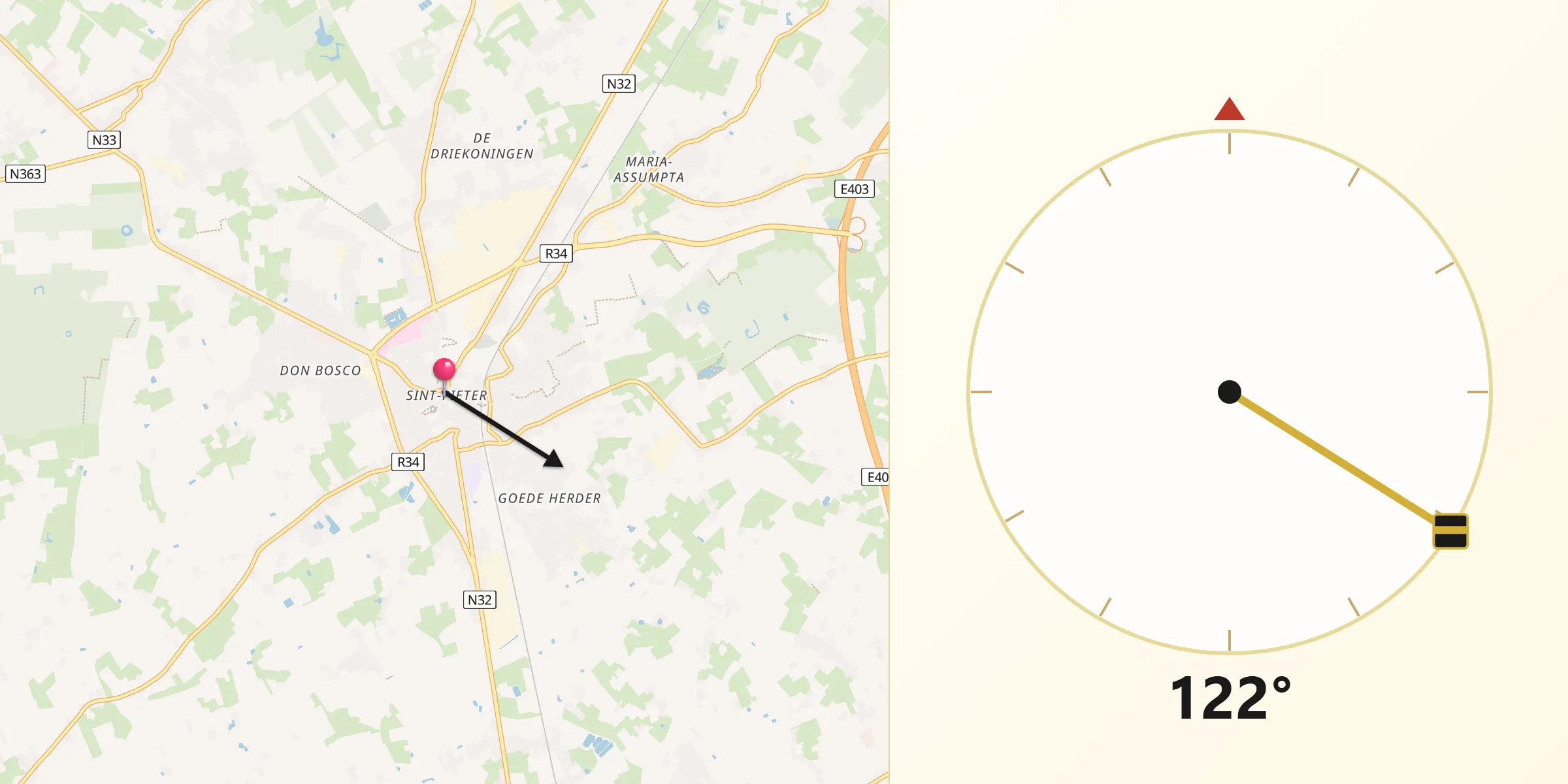 Direction vers la Qibla depuis Torhout