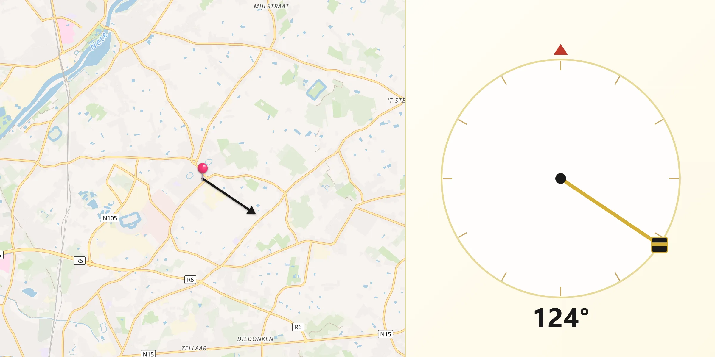 Qibla Richting vanaf Sint-Katelijne-Waver