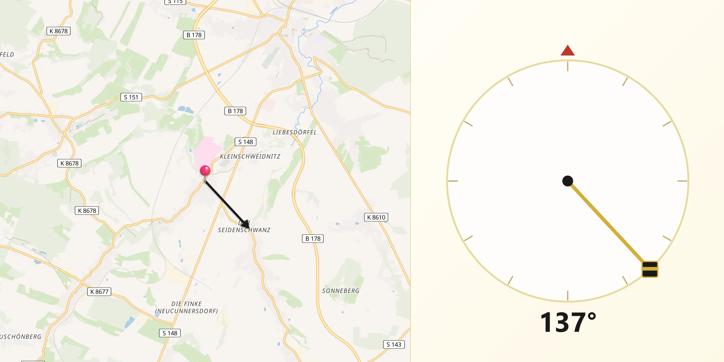 Qibla-Richtung von Großschweidnitz
