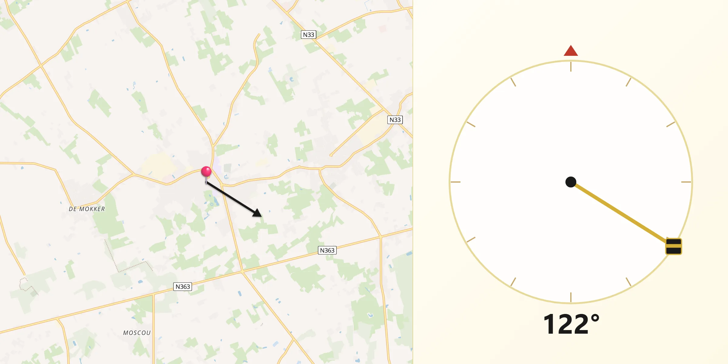 Direction vers la Qibla depuis Koekelare