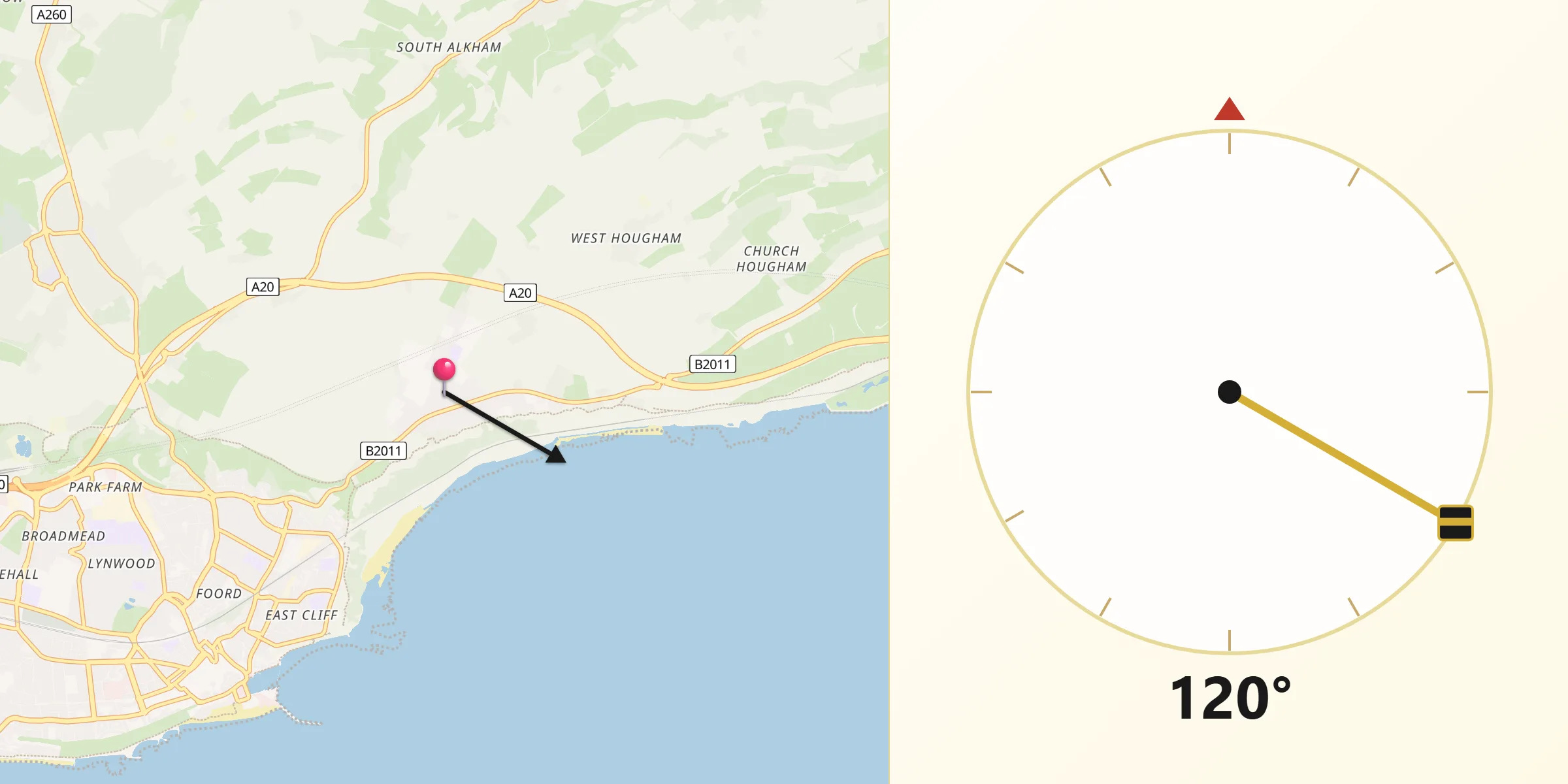 Qibla Direction from Capel le Ferne
