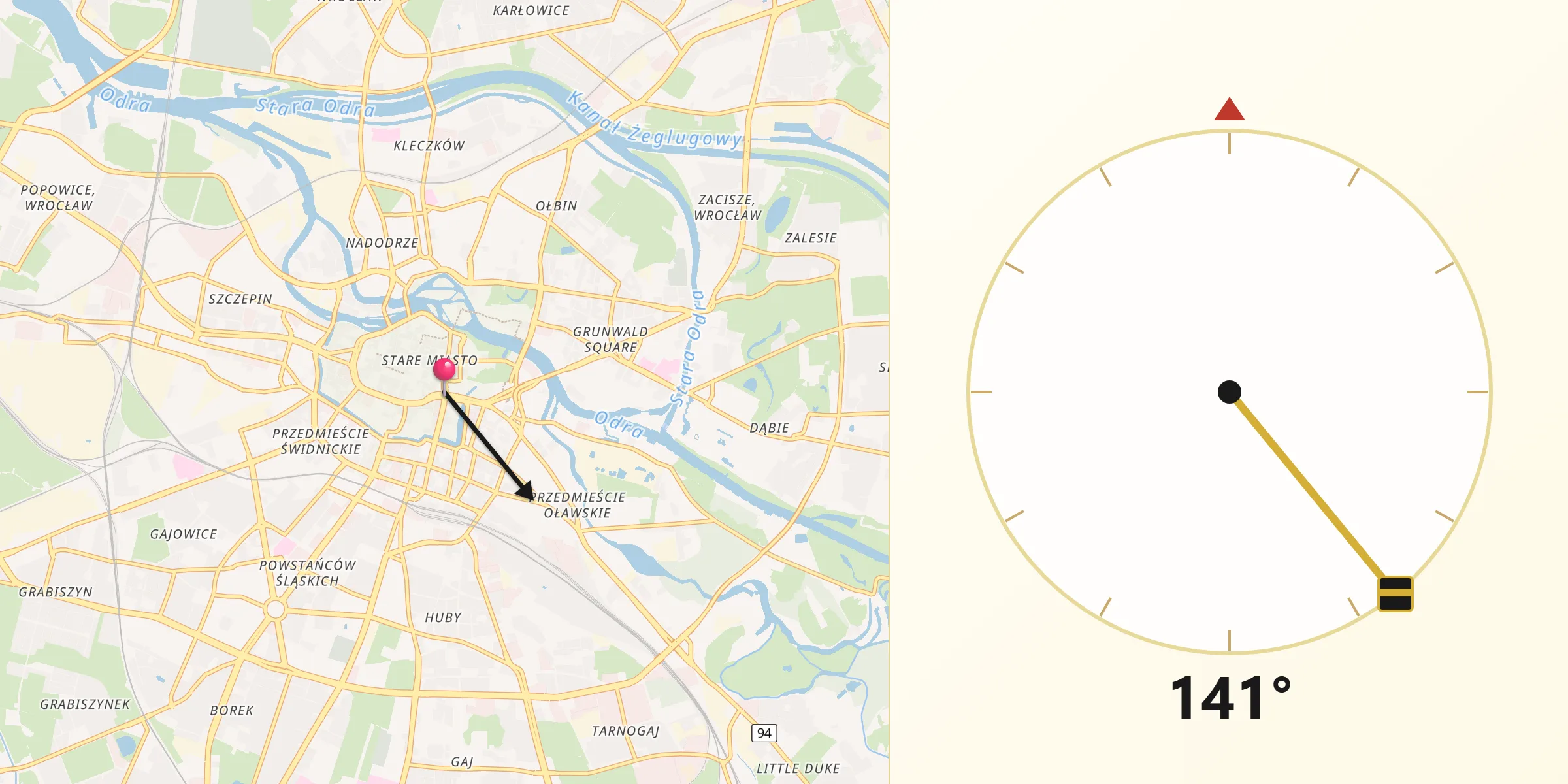 Direction vers la Qibla depuis Wrocław