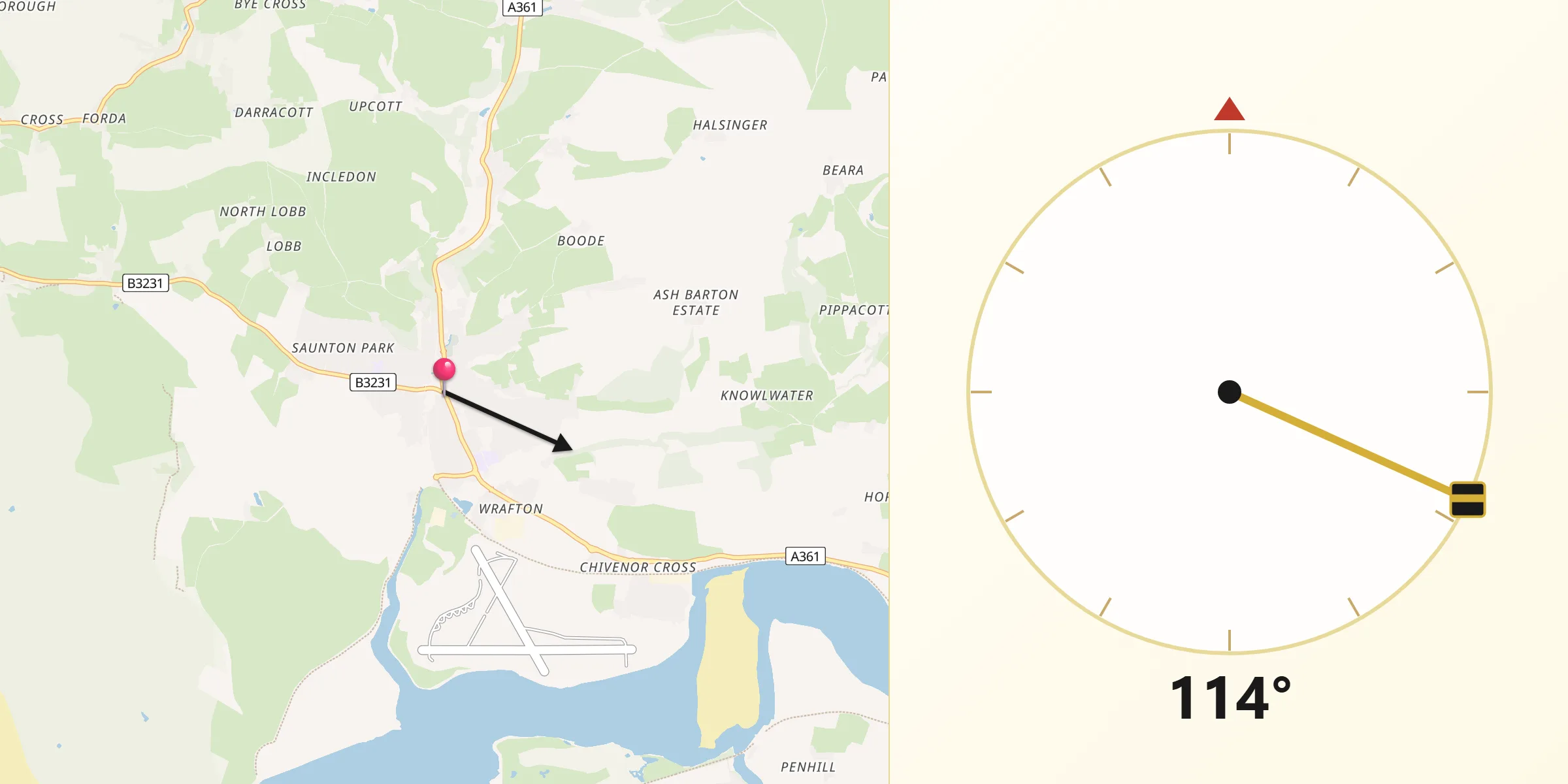 Qibla Direction from Braunton