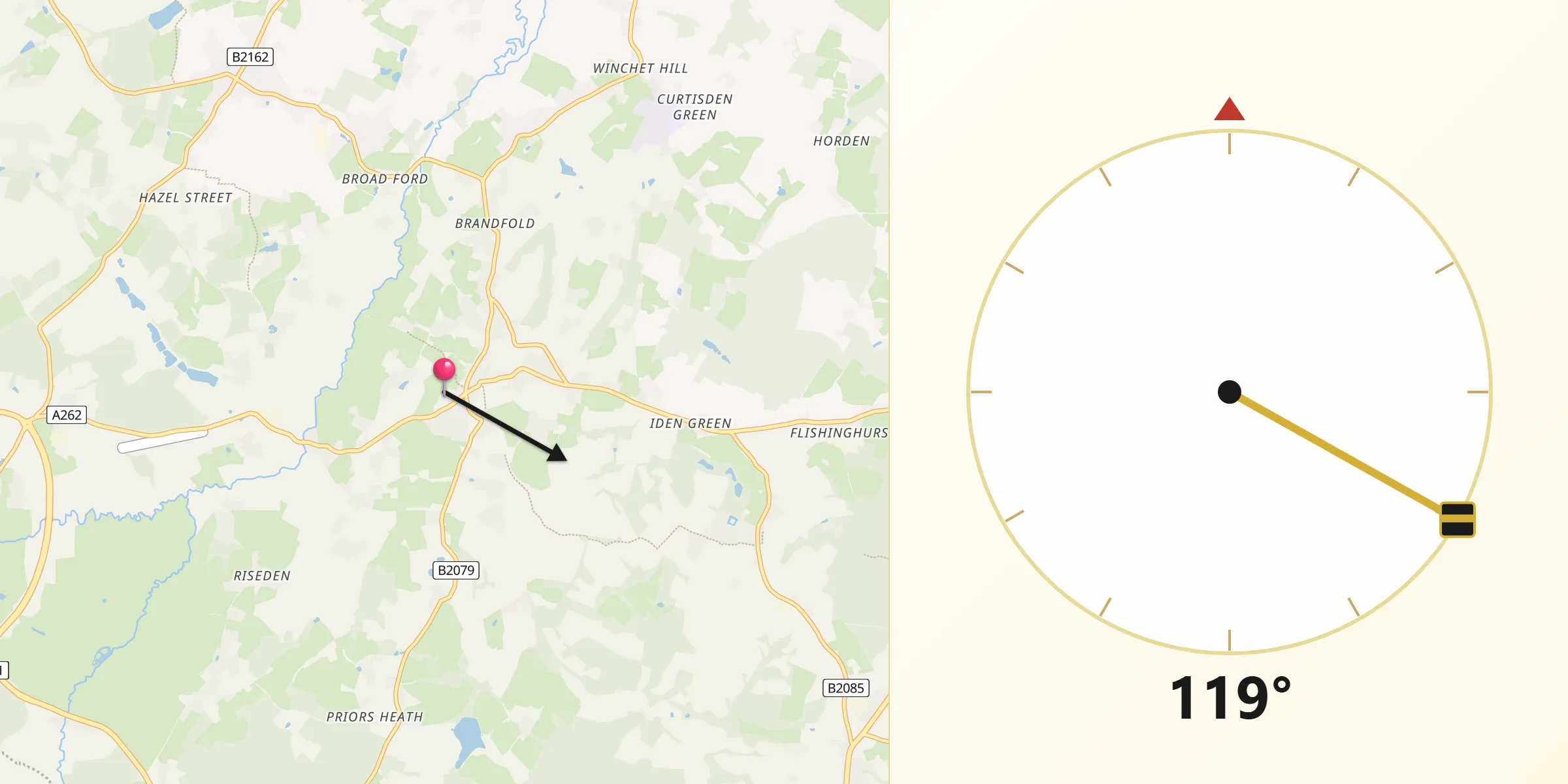 Qibla Direction from Goudhurst
