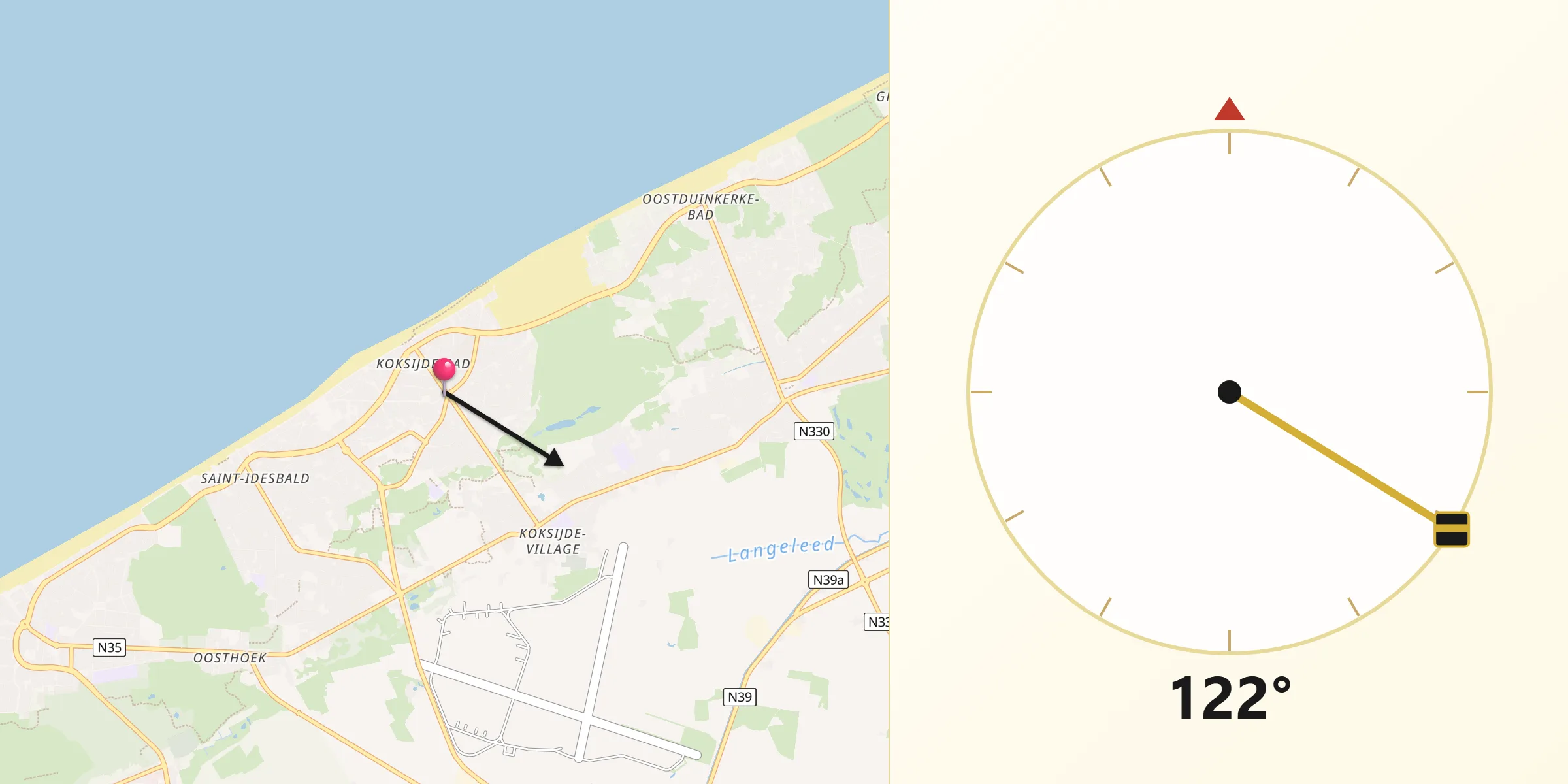 Qibla Richting vanaf Koksijde