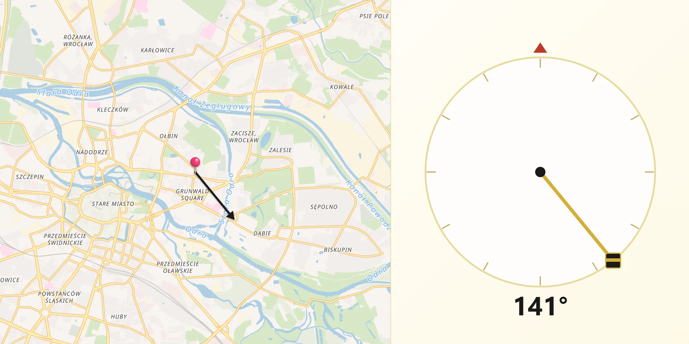 Kierunek Qibla z Rejon placu Grunwaldzkiego