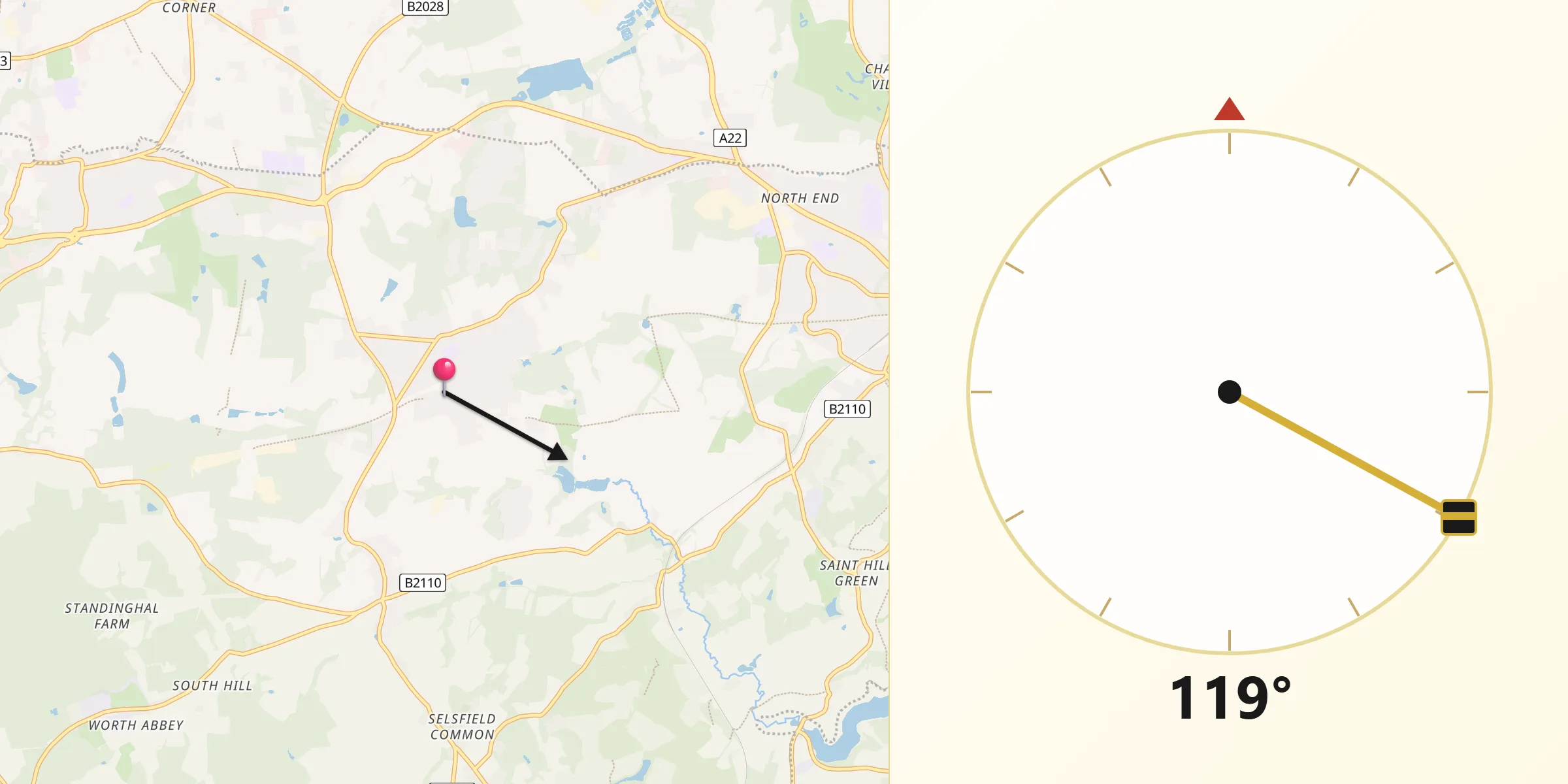 Qibla Direction from Crawley Down