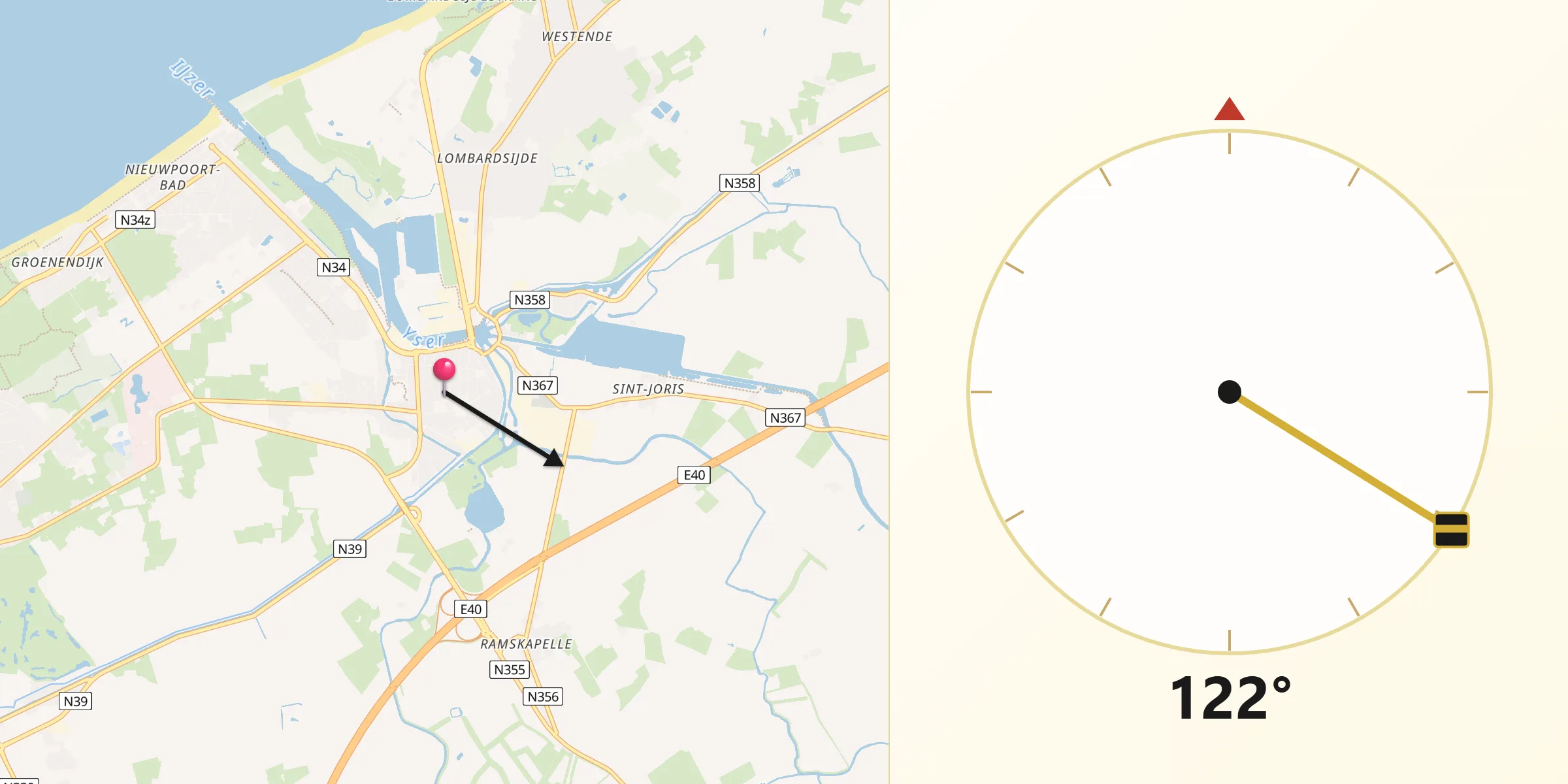 Direction vers la Qibla depuis Nieuport