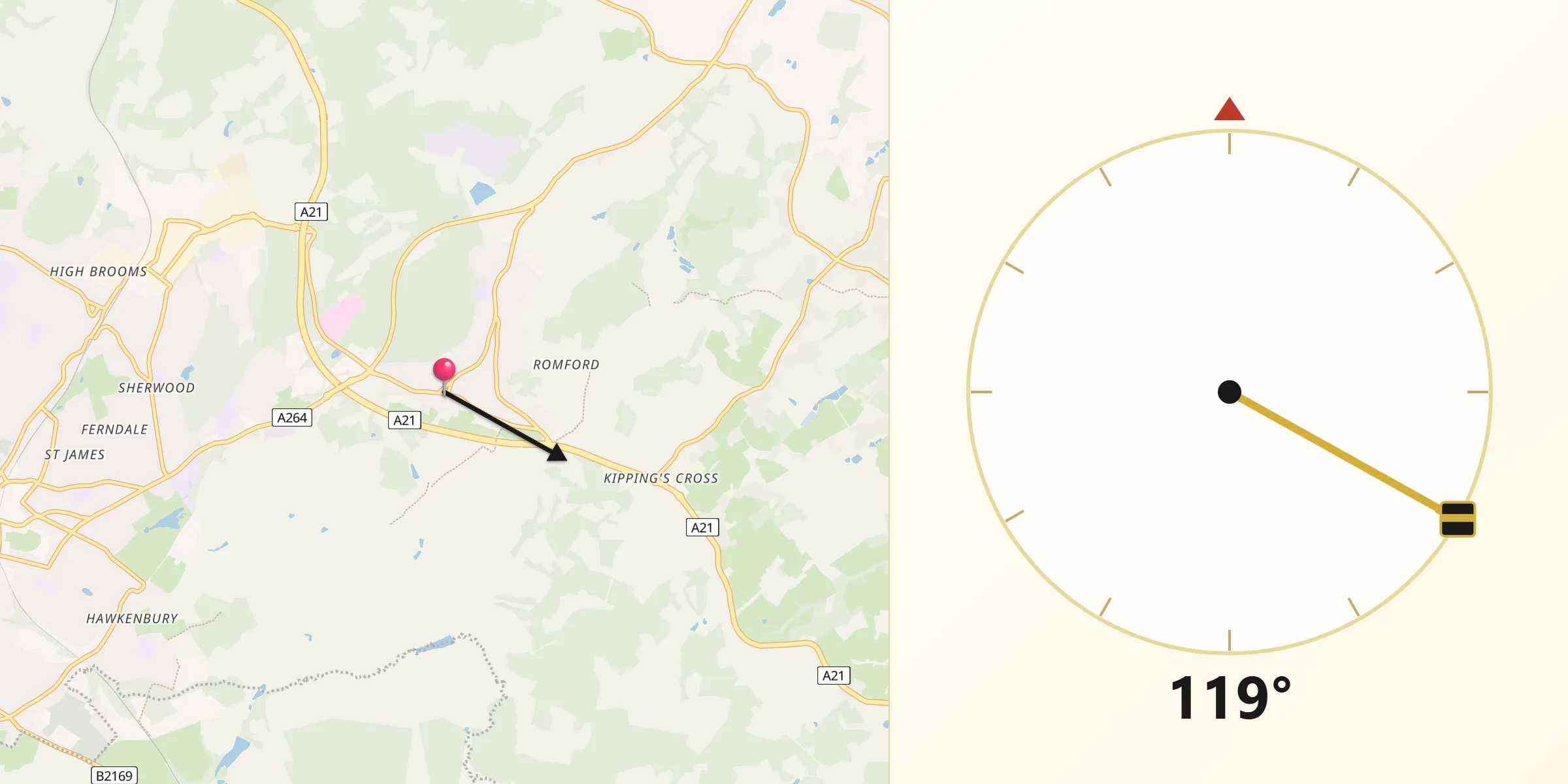 Qibla Direction from Pembury