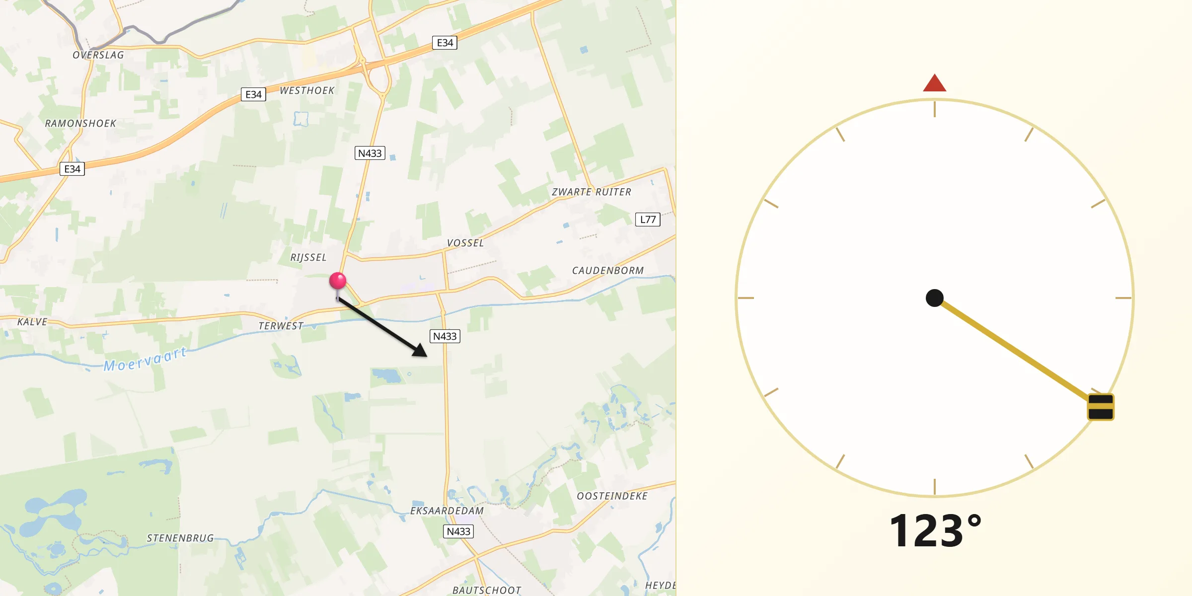 Direction vers la Qibla depuis Moerbeke