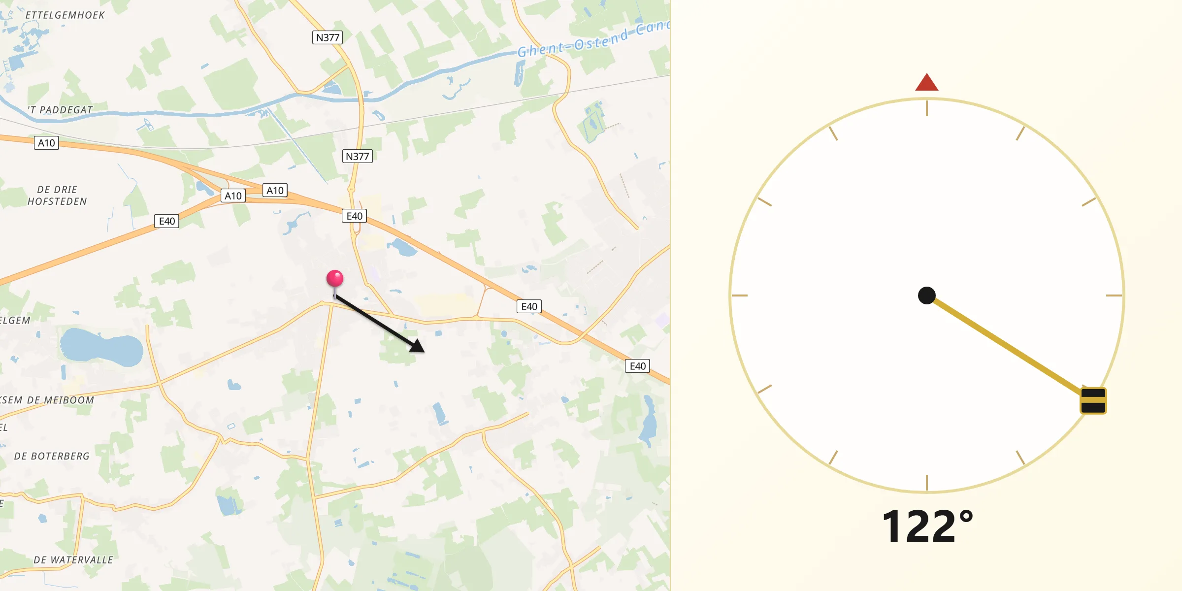 Direction vers la Qibla depuis Jabbeke