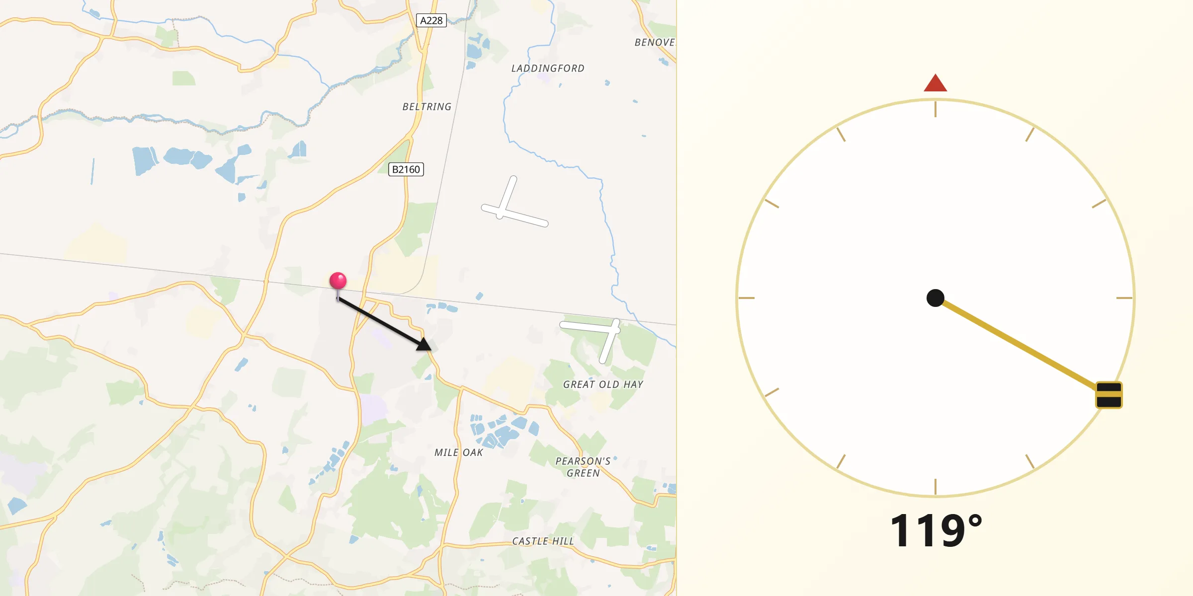 Qibla Direction from Paddock Wood