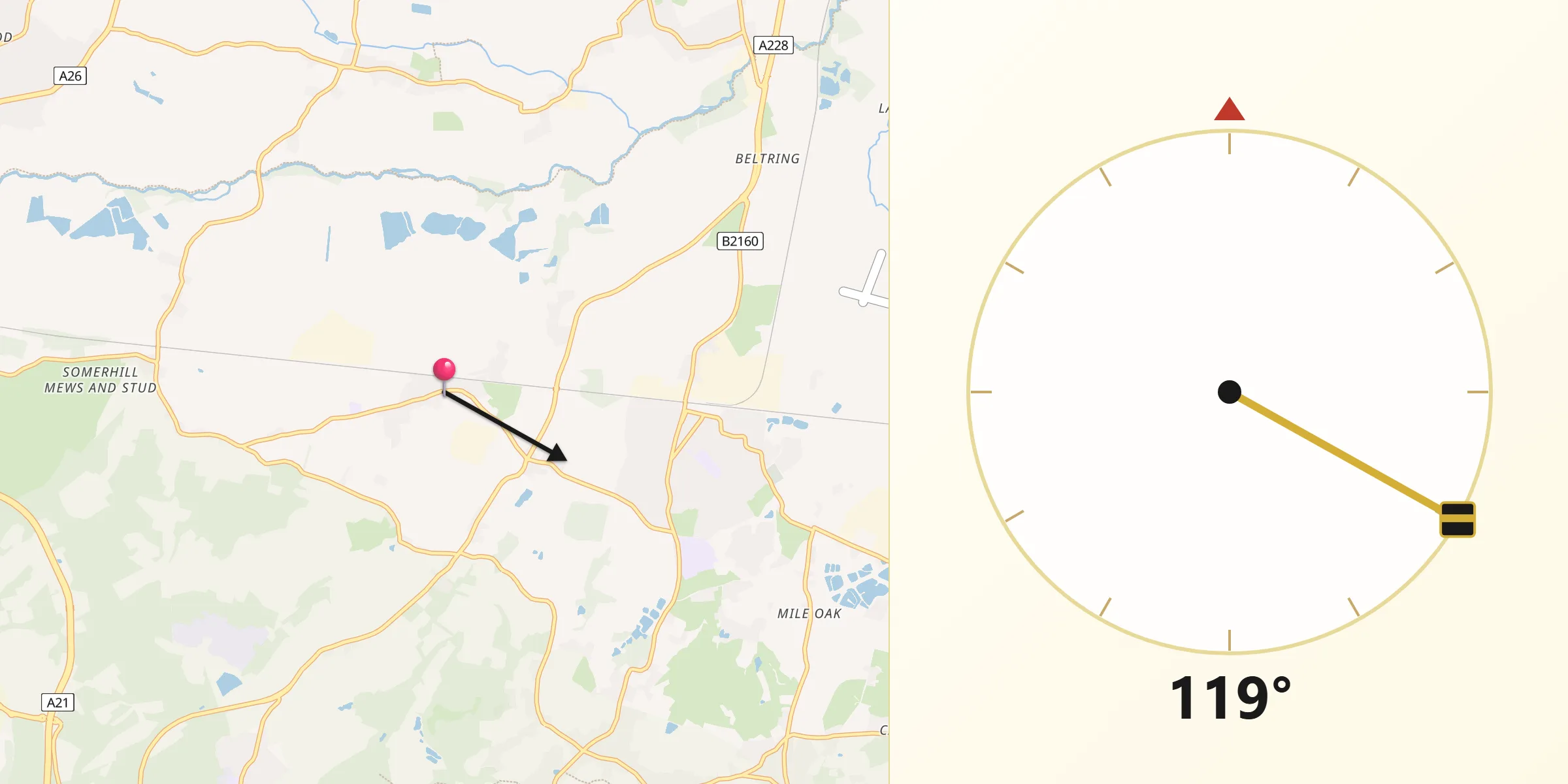 Qibla Direction from Five Oak Green
