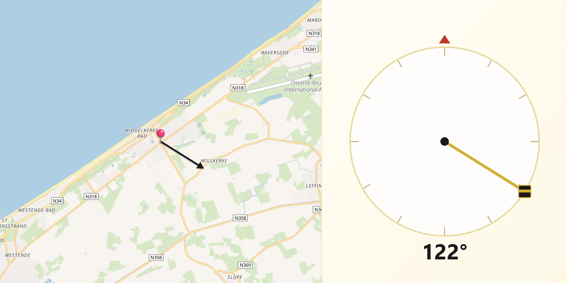 Direction vers la Qibla depuis Middelkerke