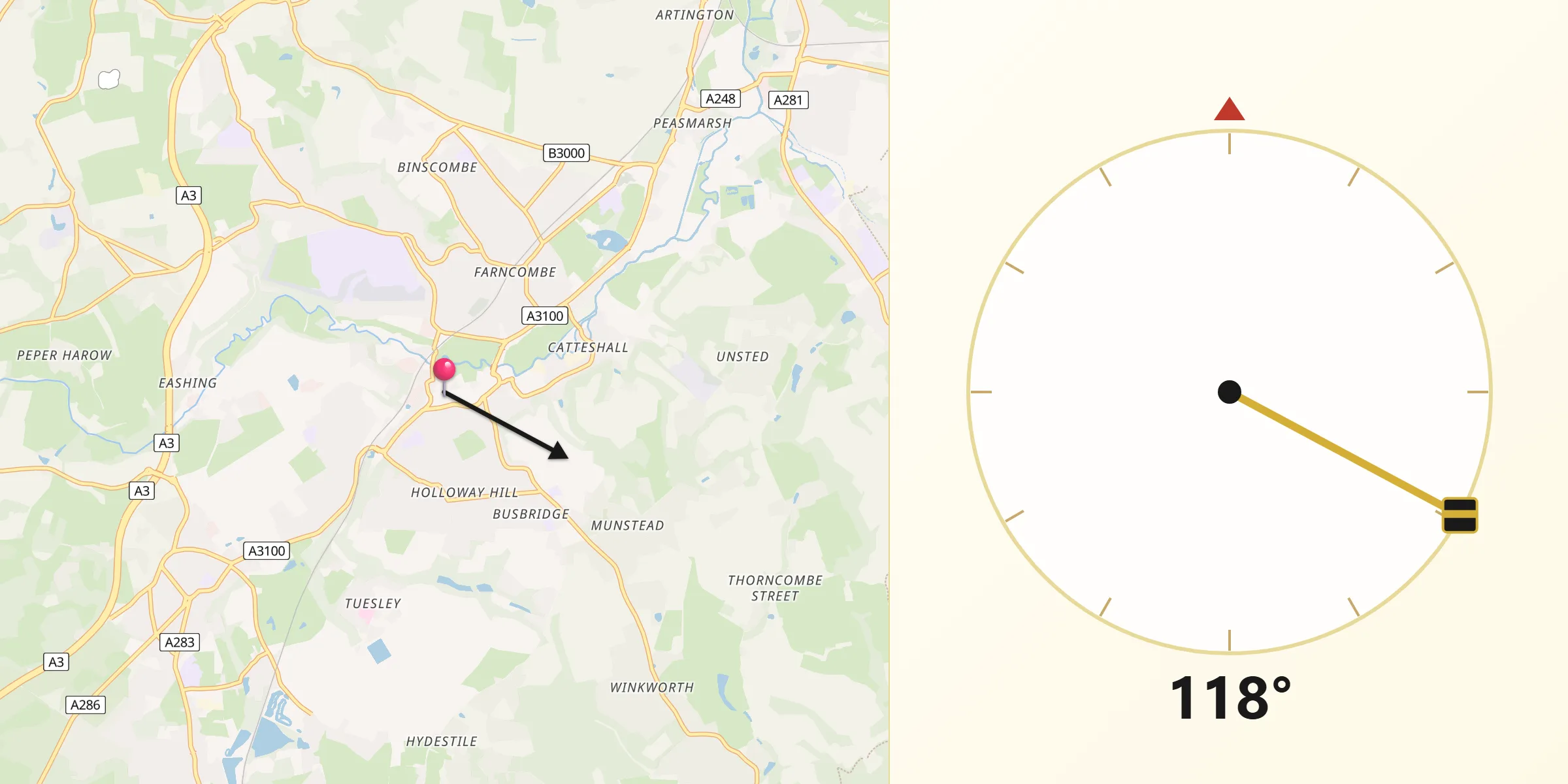 Qibla Direction from Godalming