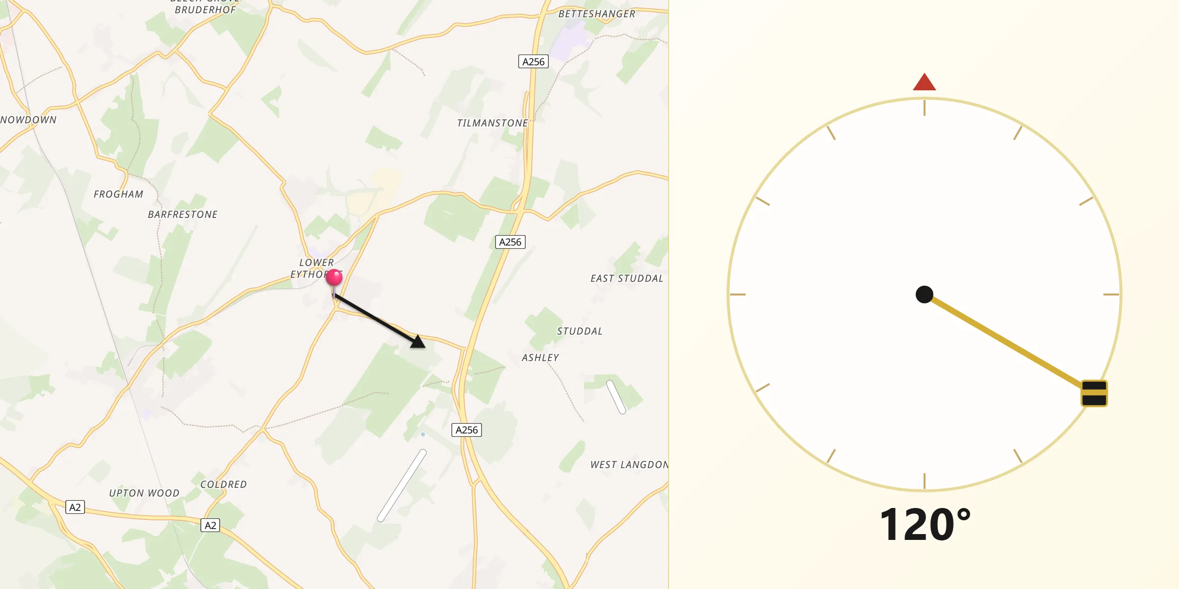 Qibla Direction from Eythorne