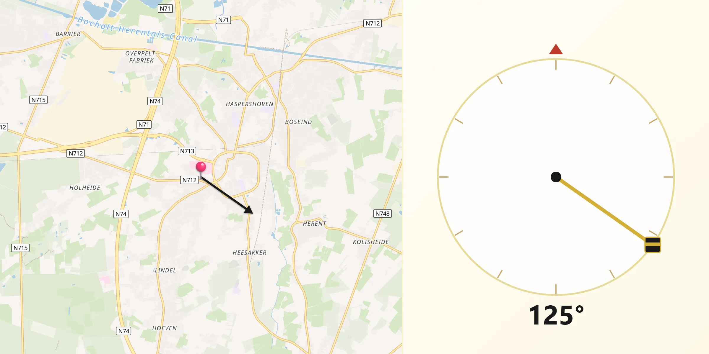 Direction vers la Qibla depuis Overpelt