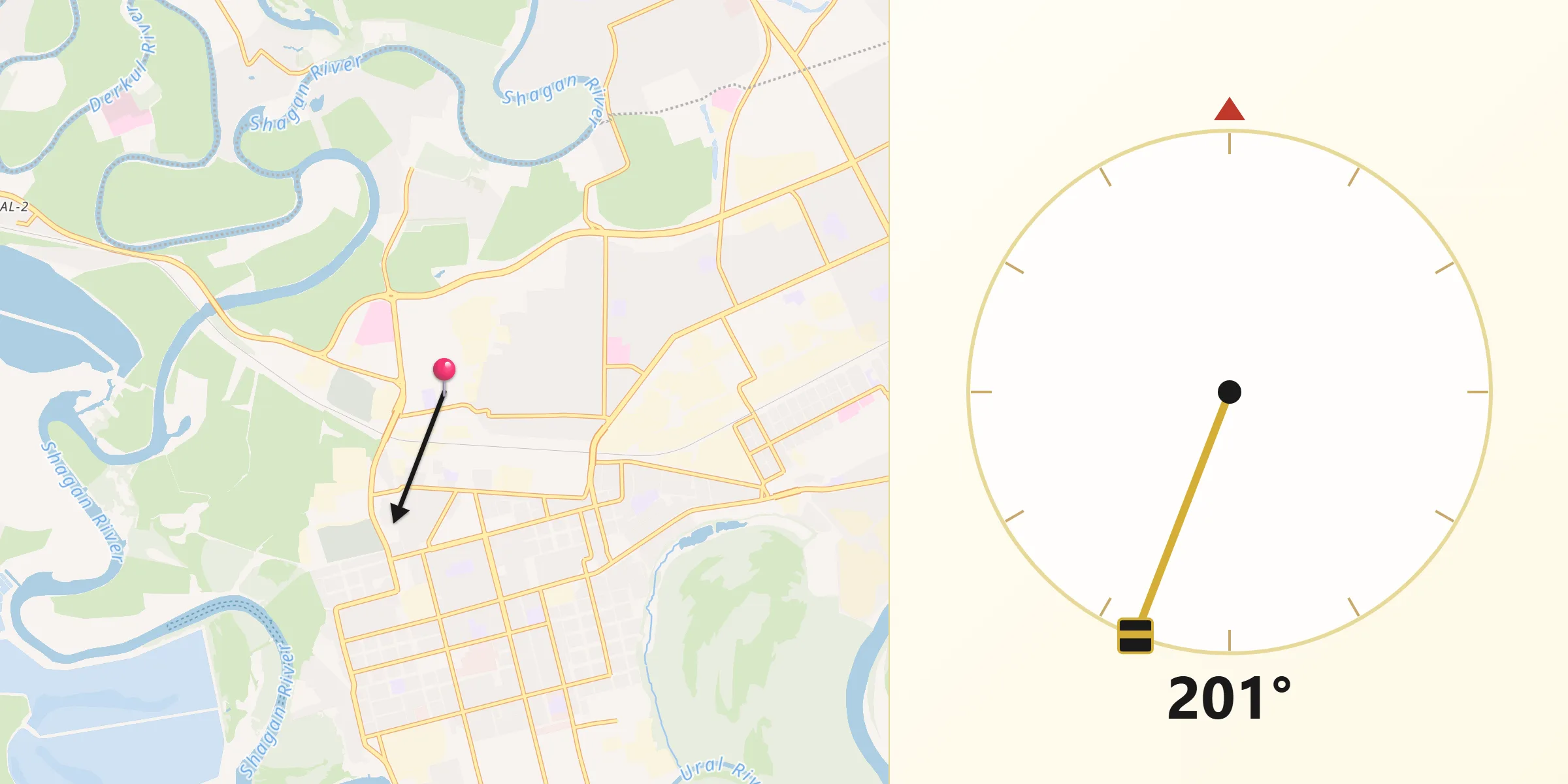 Направление Киблы из Уральск