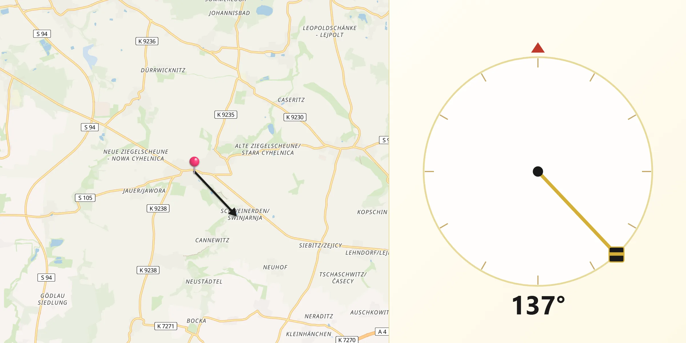 Qibla-Richtung von Panschwitz-Kuckau