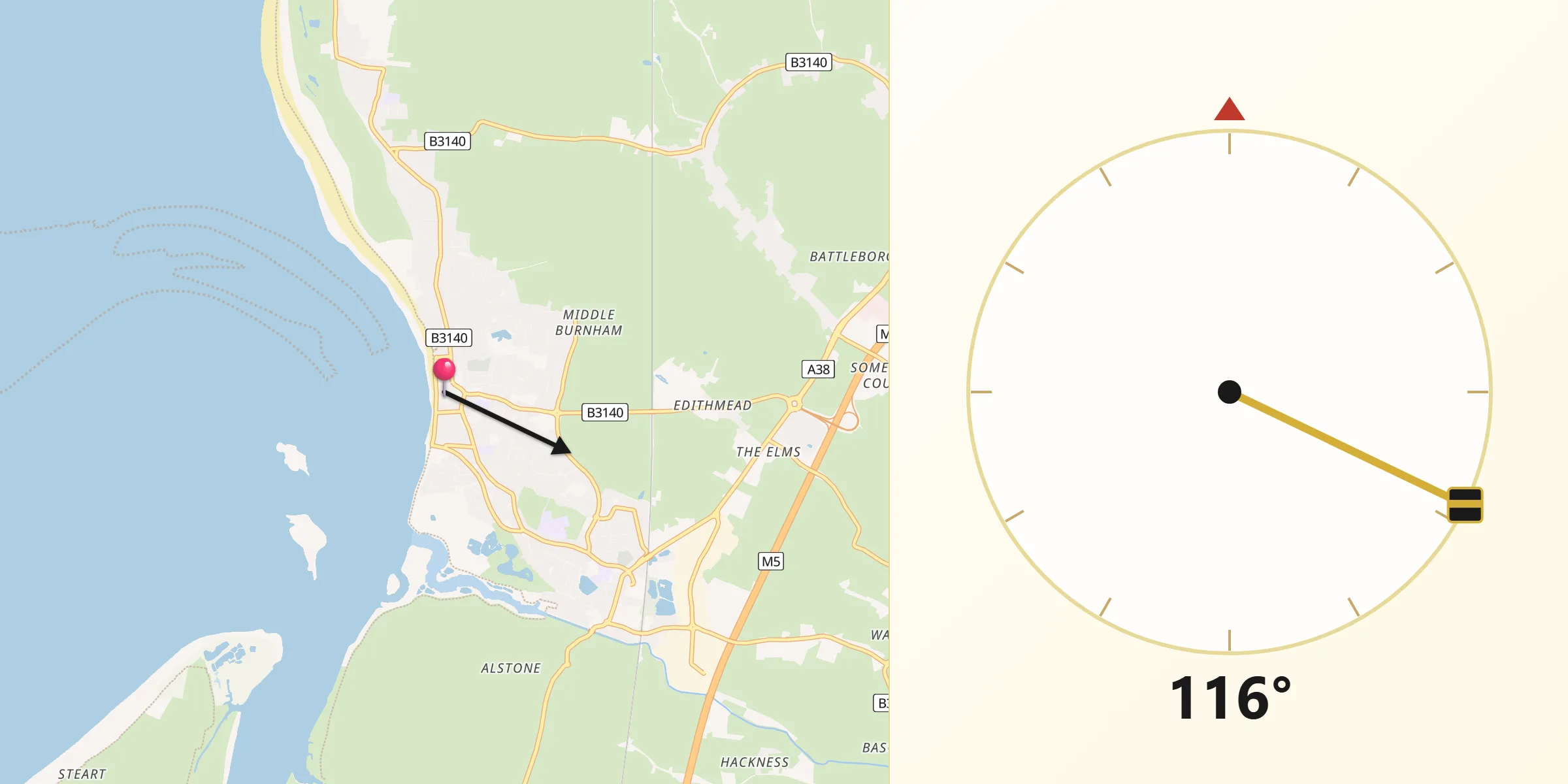 Qibla Direction from Burnham-on-Sea