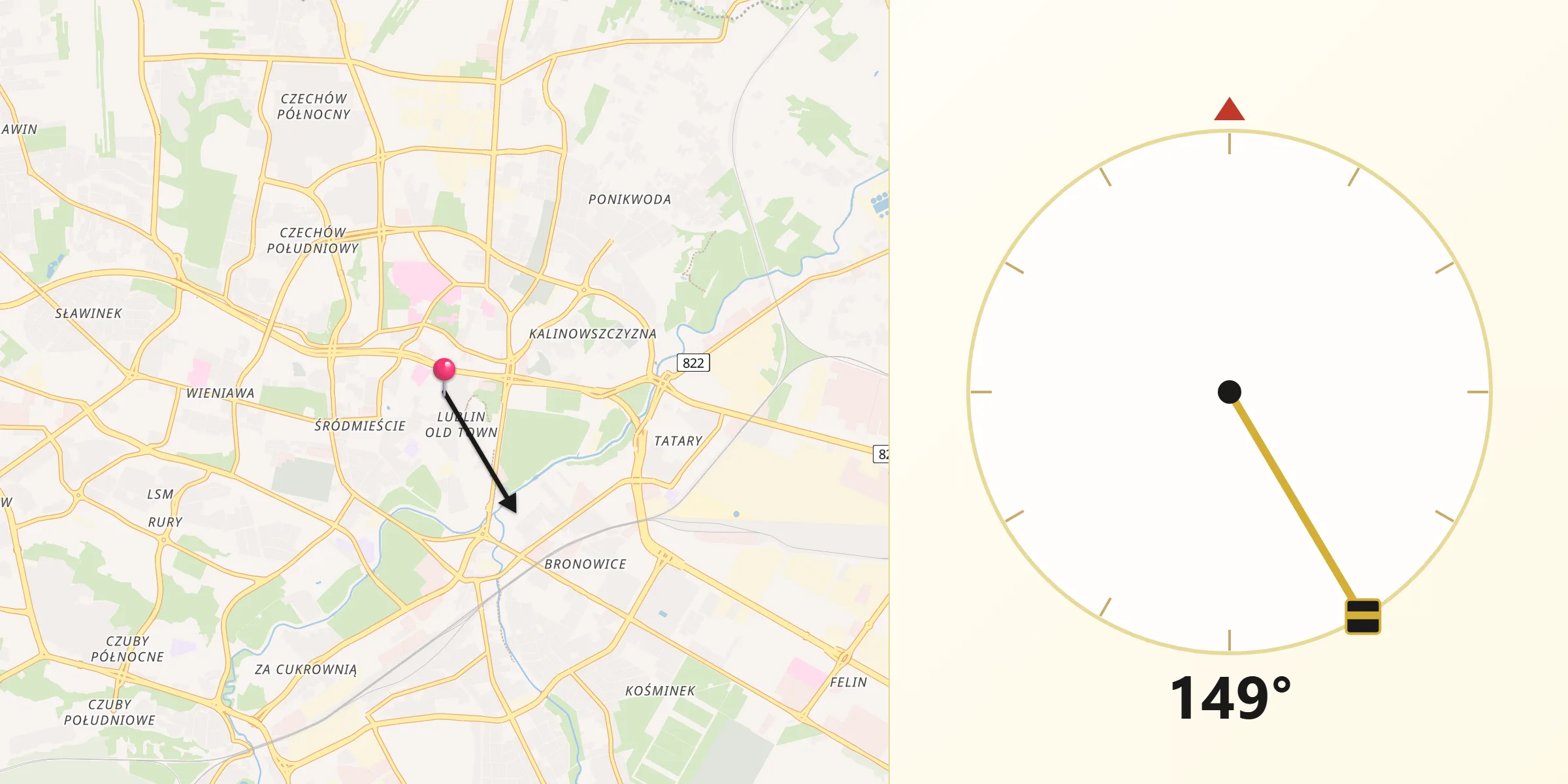 Direction vers la Qibla depuis Lublin