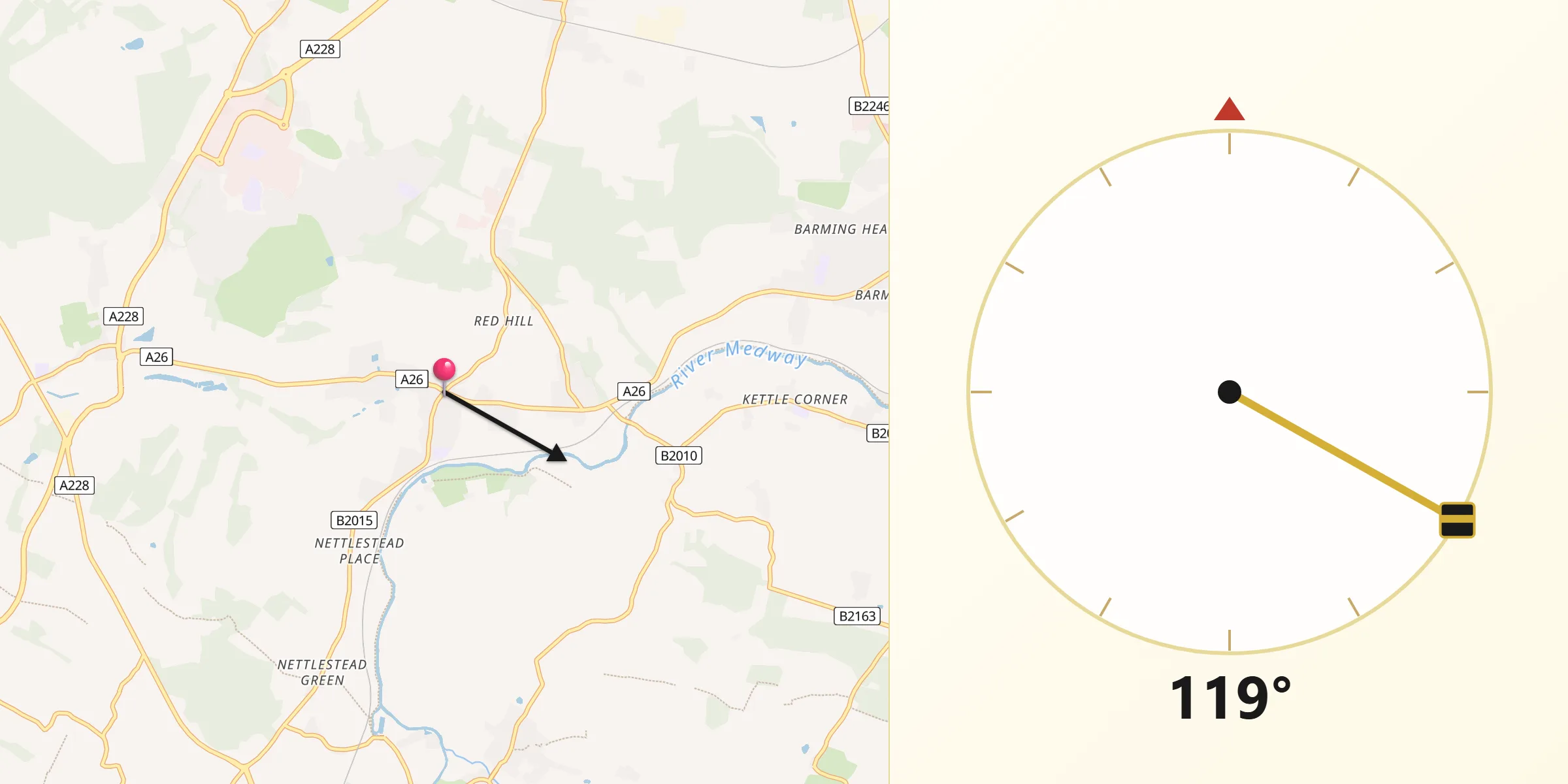Qibla Direction from Wateringbury