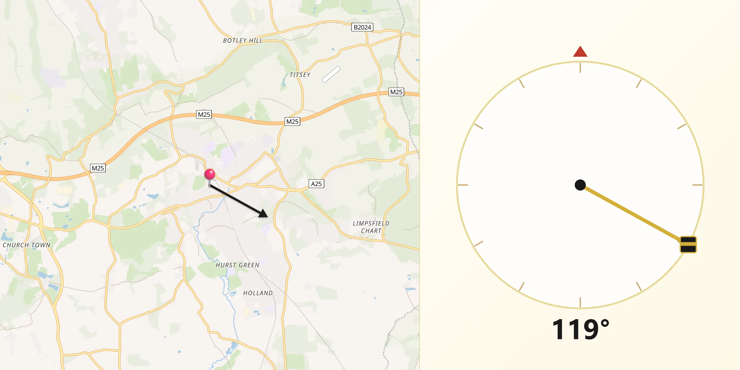 Qibla Direction from Oxted