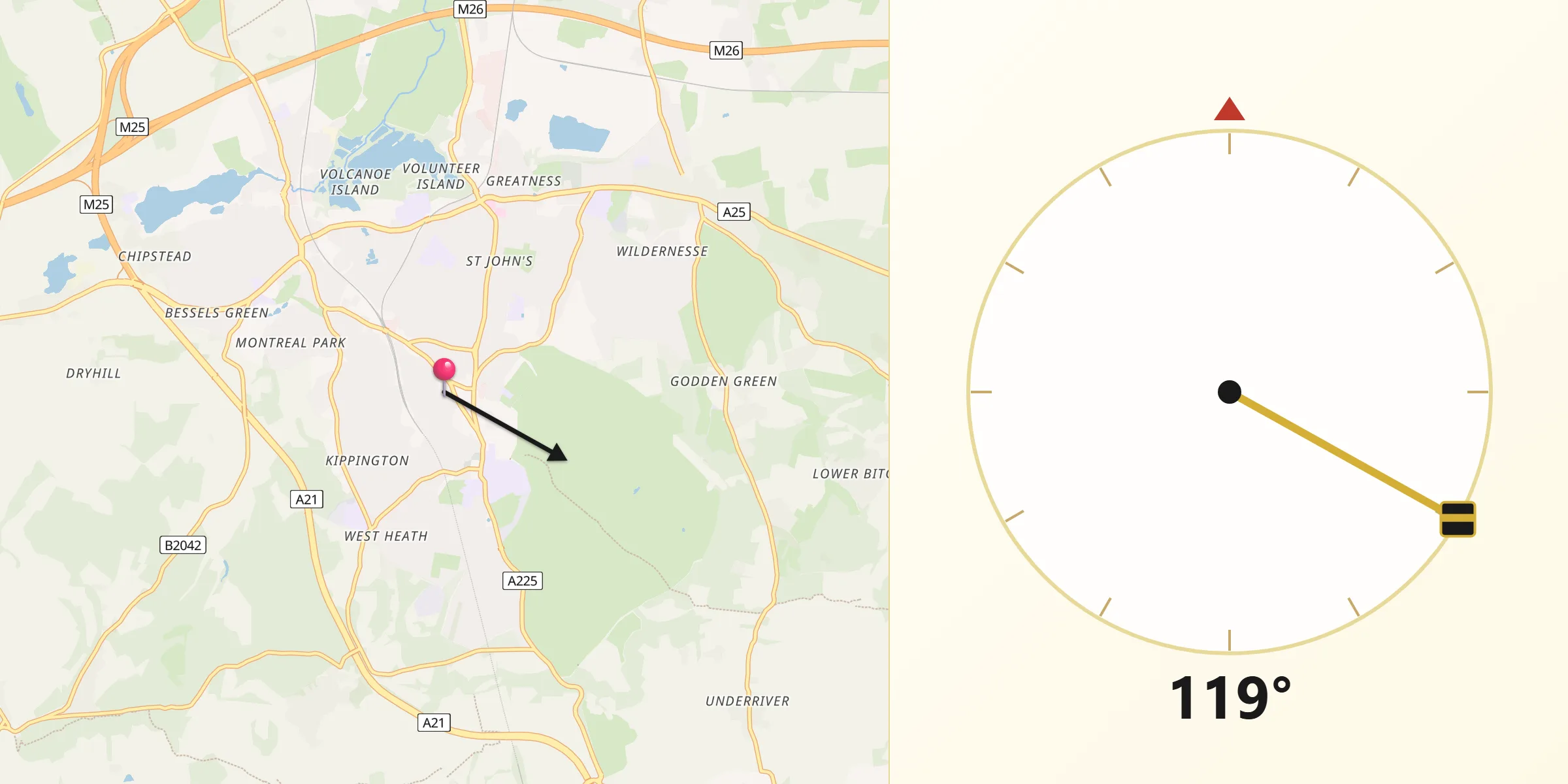 Qibla Direction from Sevenoaks