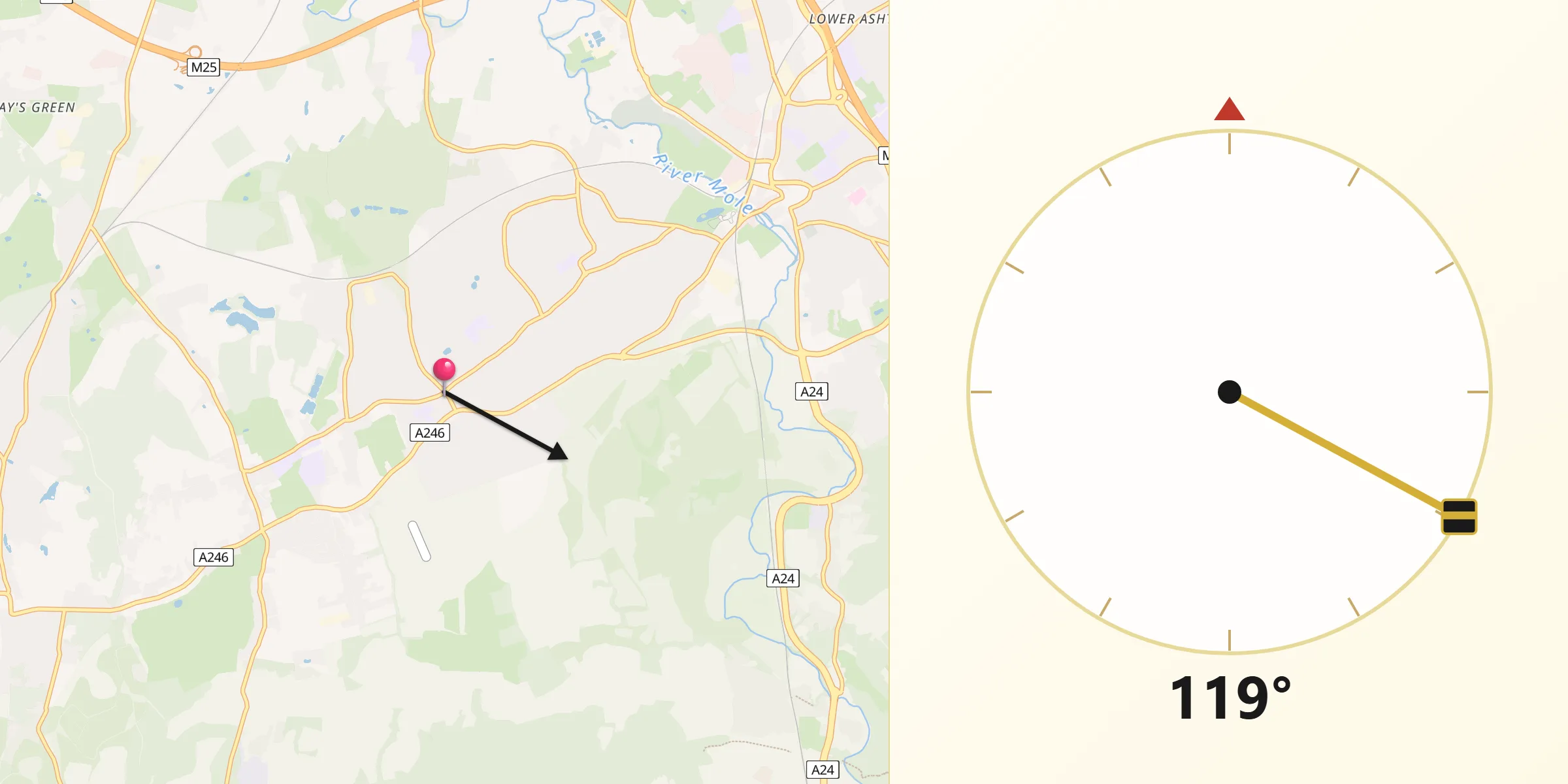 Qibla Direction from Great Bookham