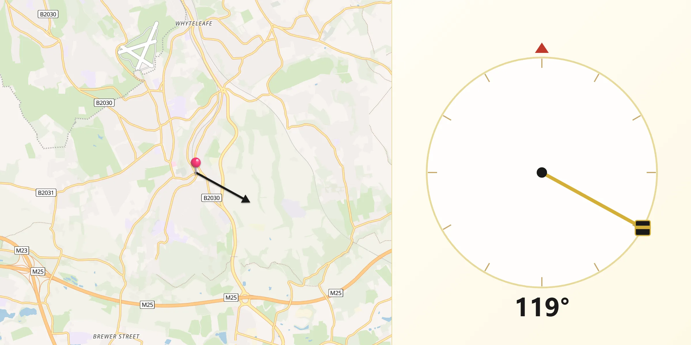 Qibla Direction from Caterham