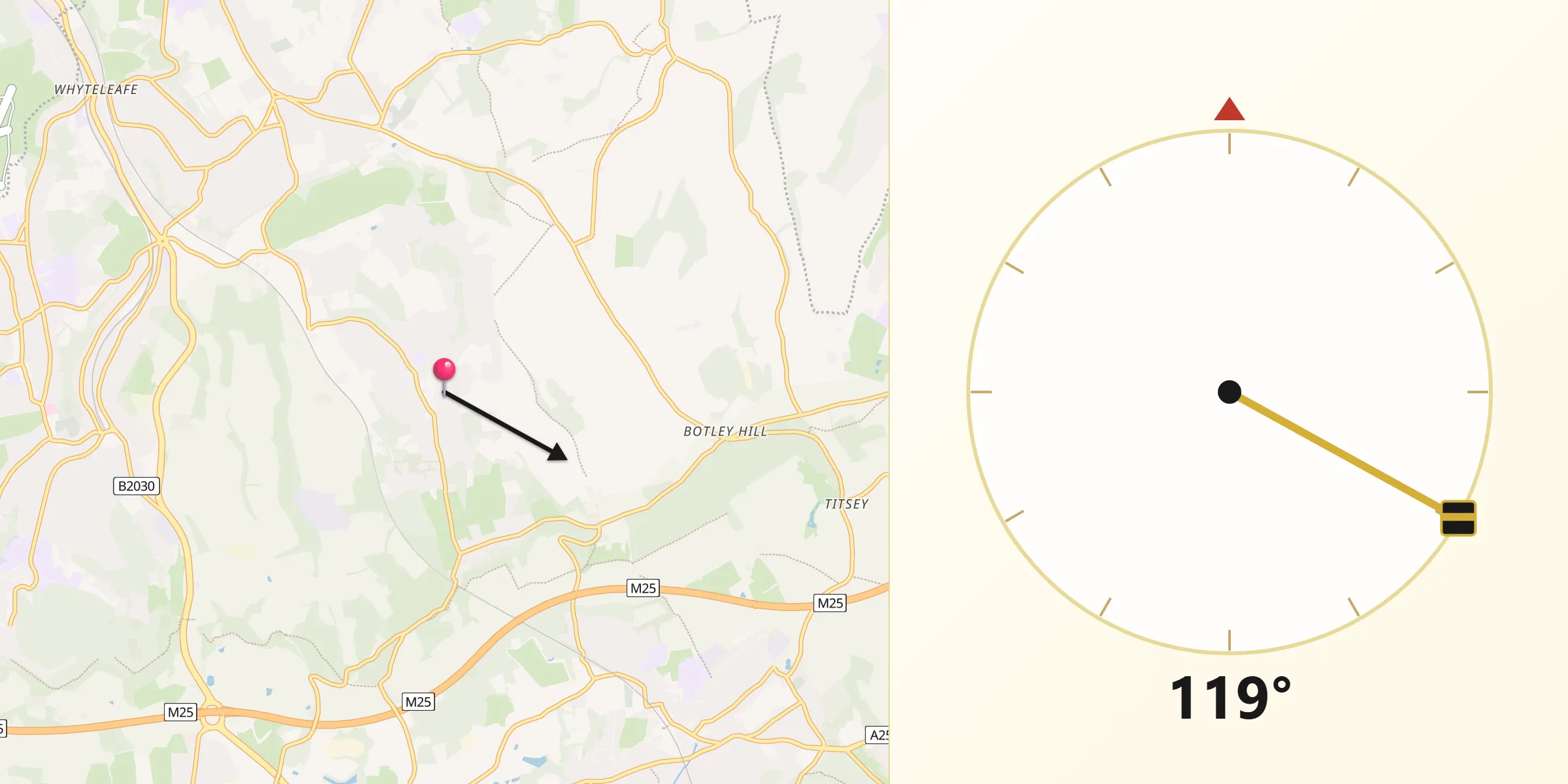 Qibla Direction from Woldingham
