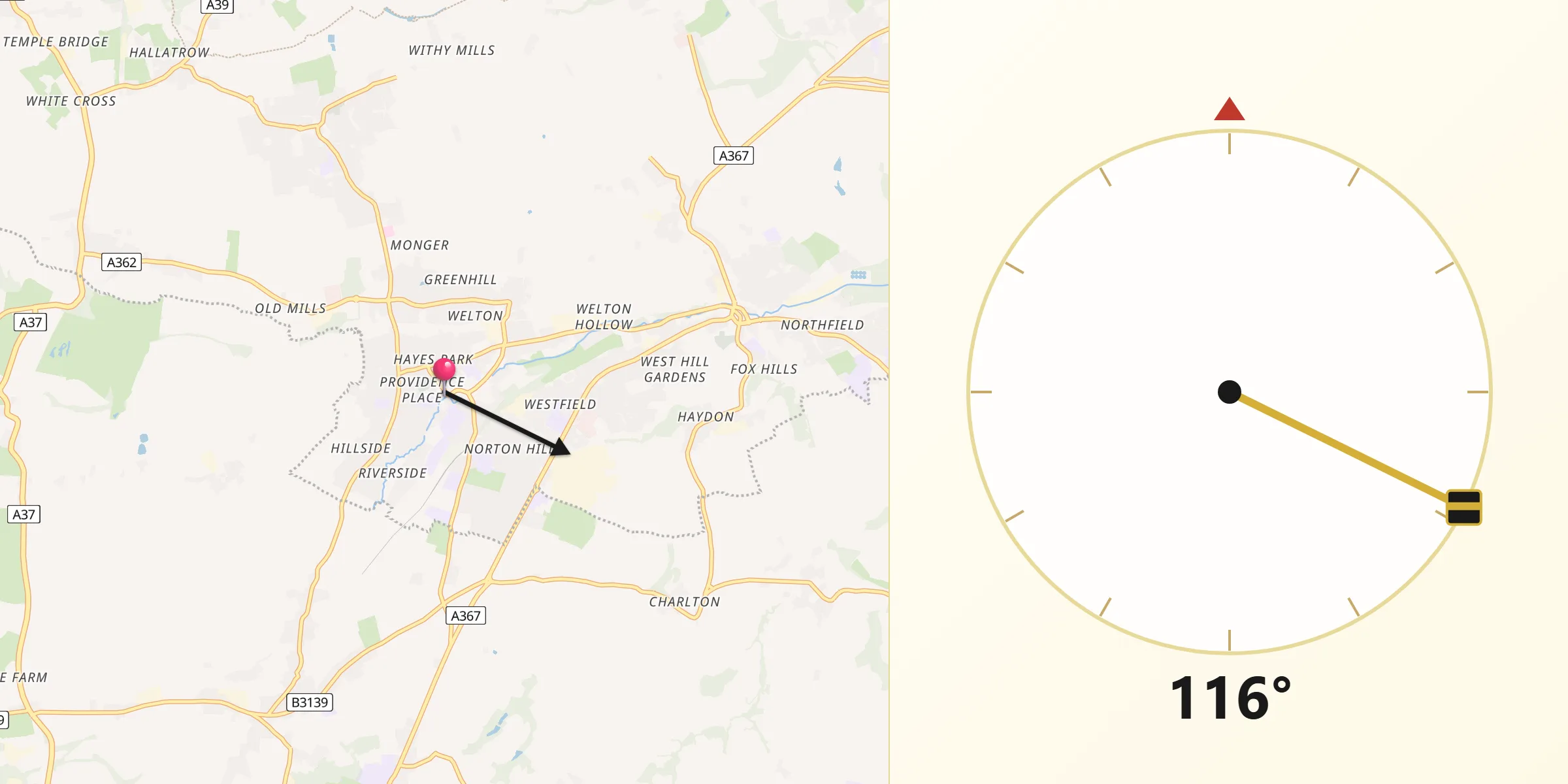 Qibla Direction from Midsomer Norton