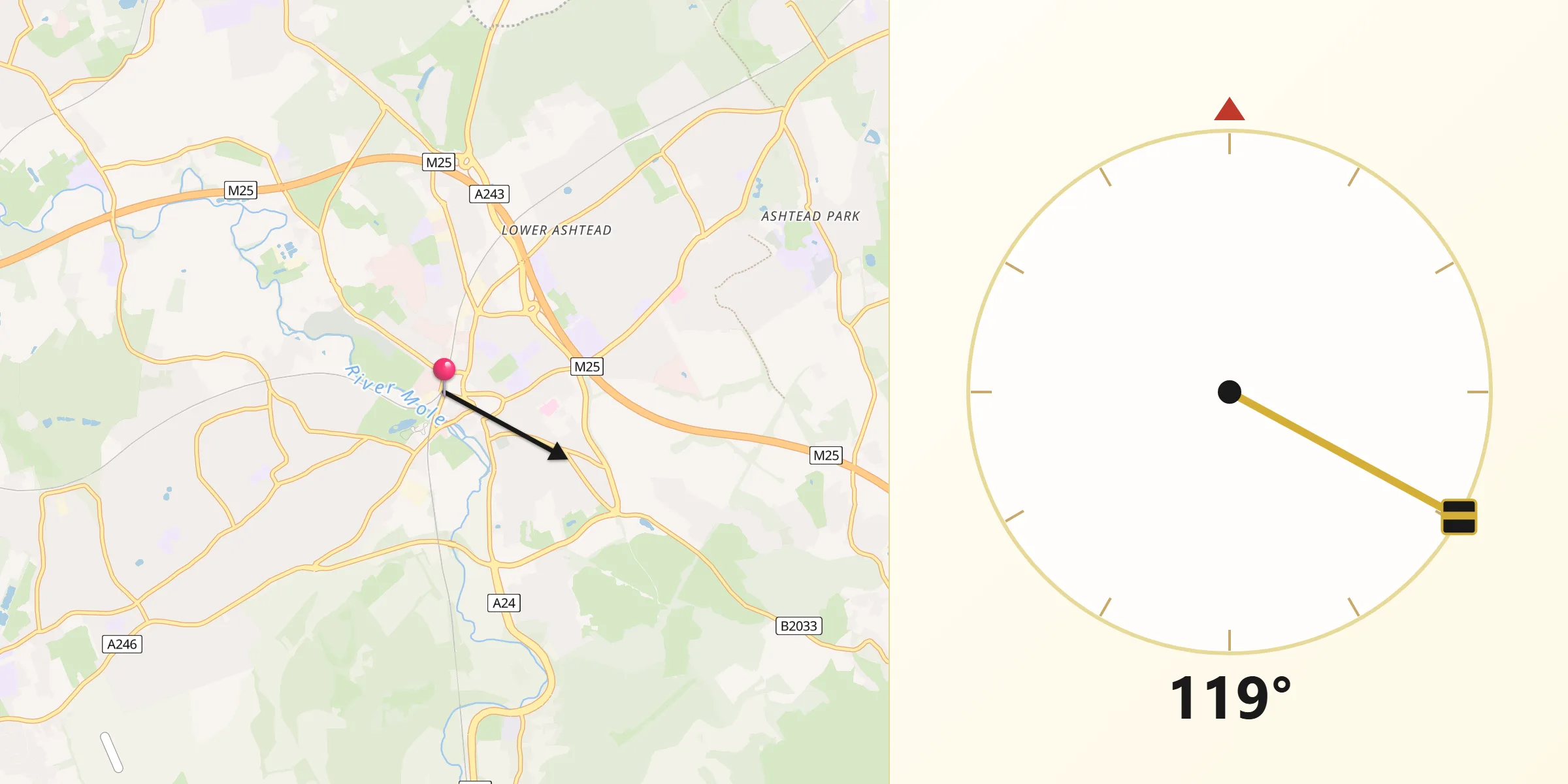 Qibla Direction from Leatherhead