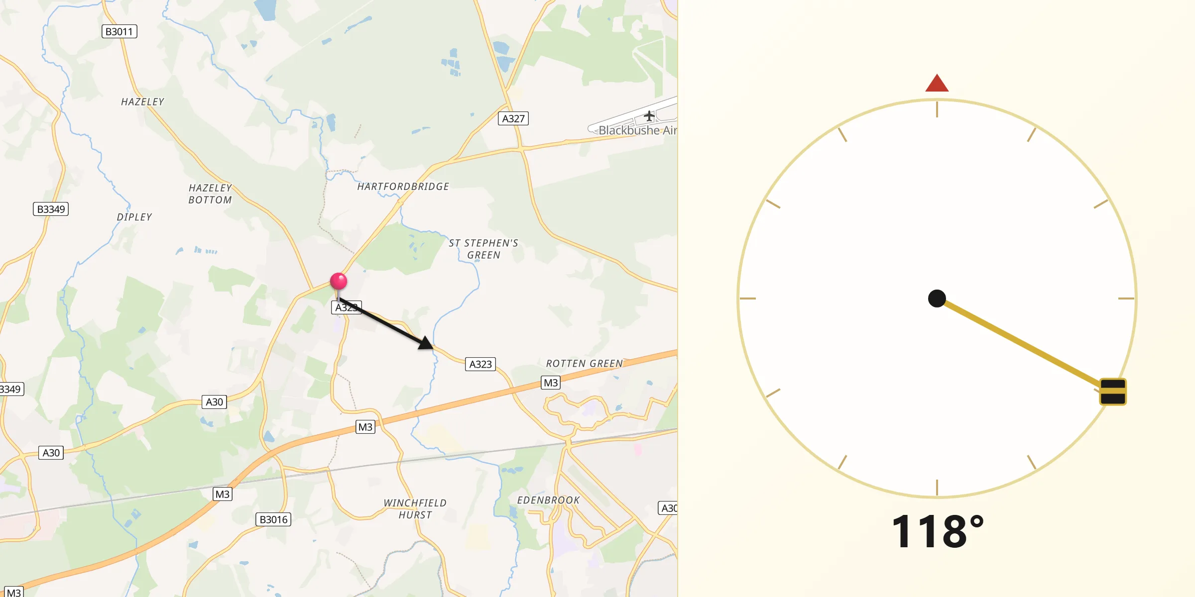 Qibla Direction from Hartley Wintney
