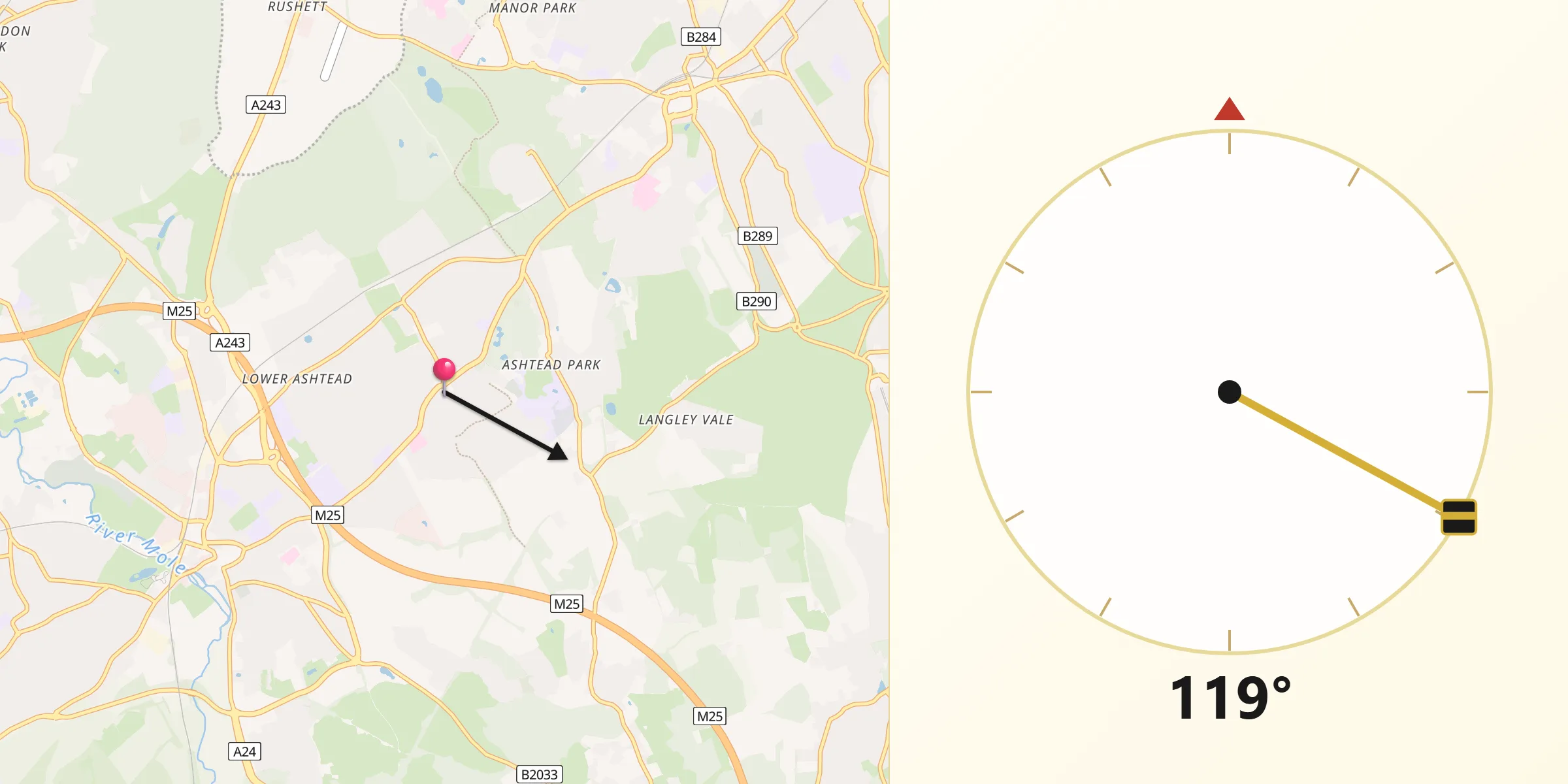 Qibla Direction from Ashtead