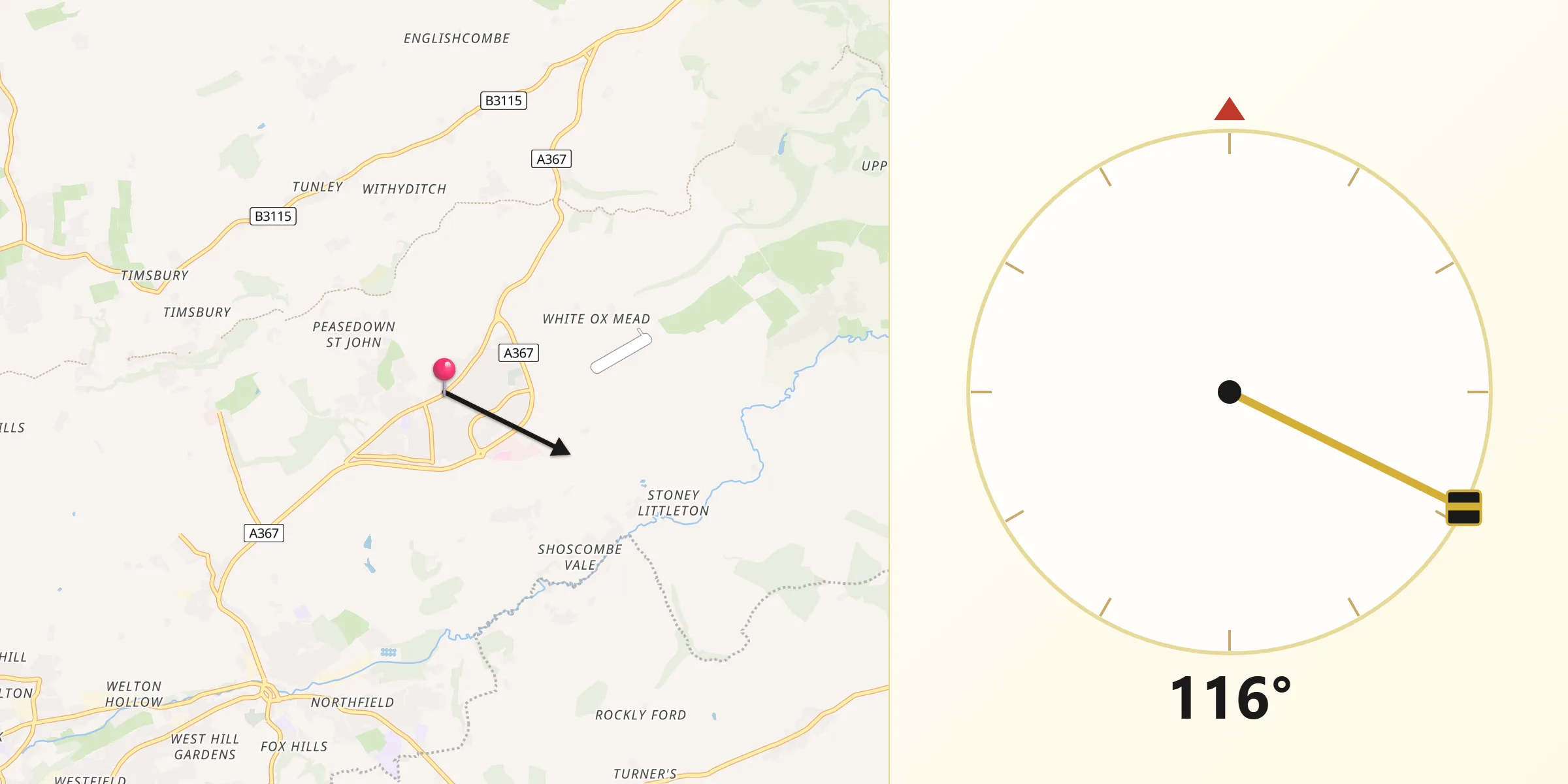 Qibla Direction from Peasedown Saint John