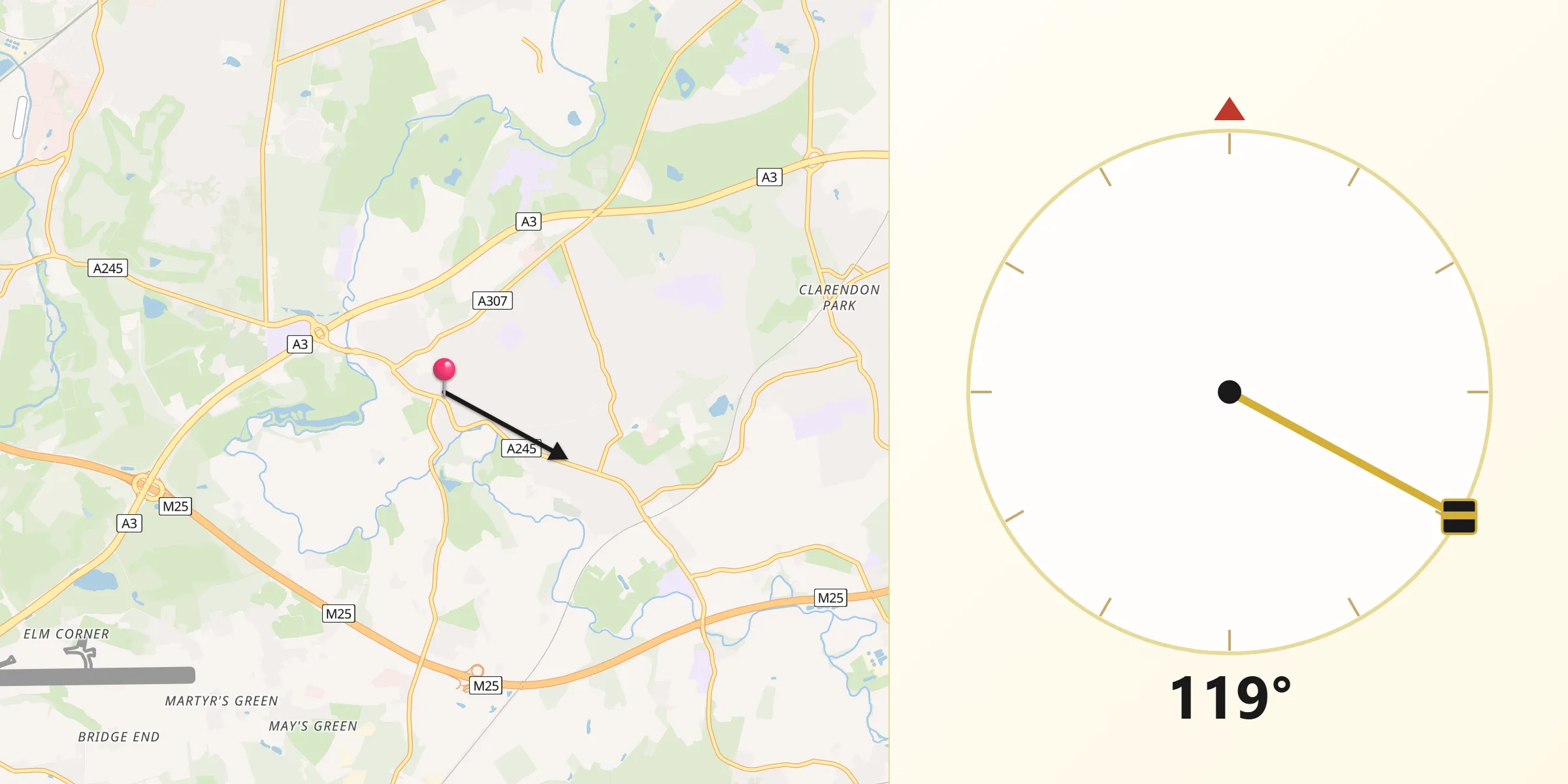 Qibla Direction from Cobham