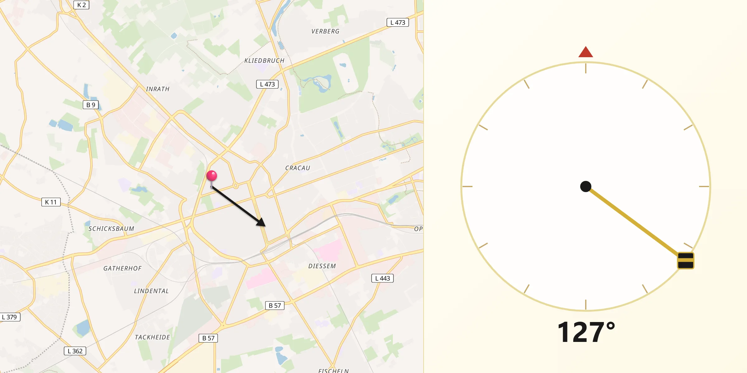 Qibla-Richtung von Krefeld