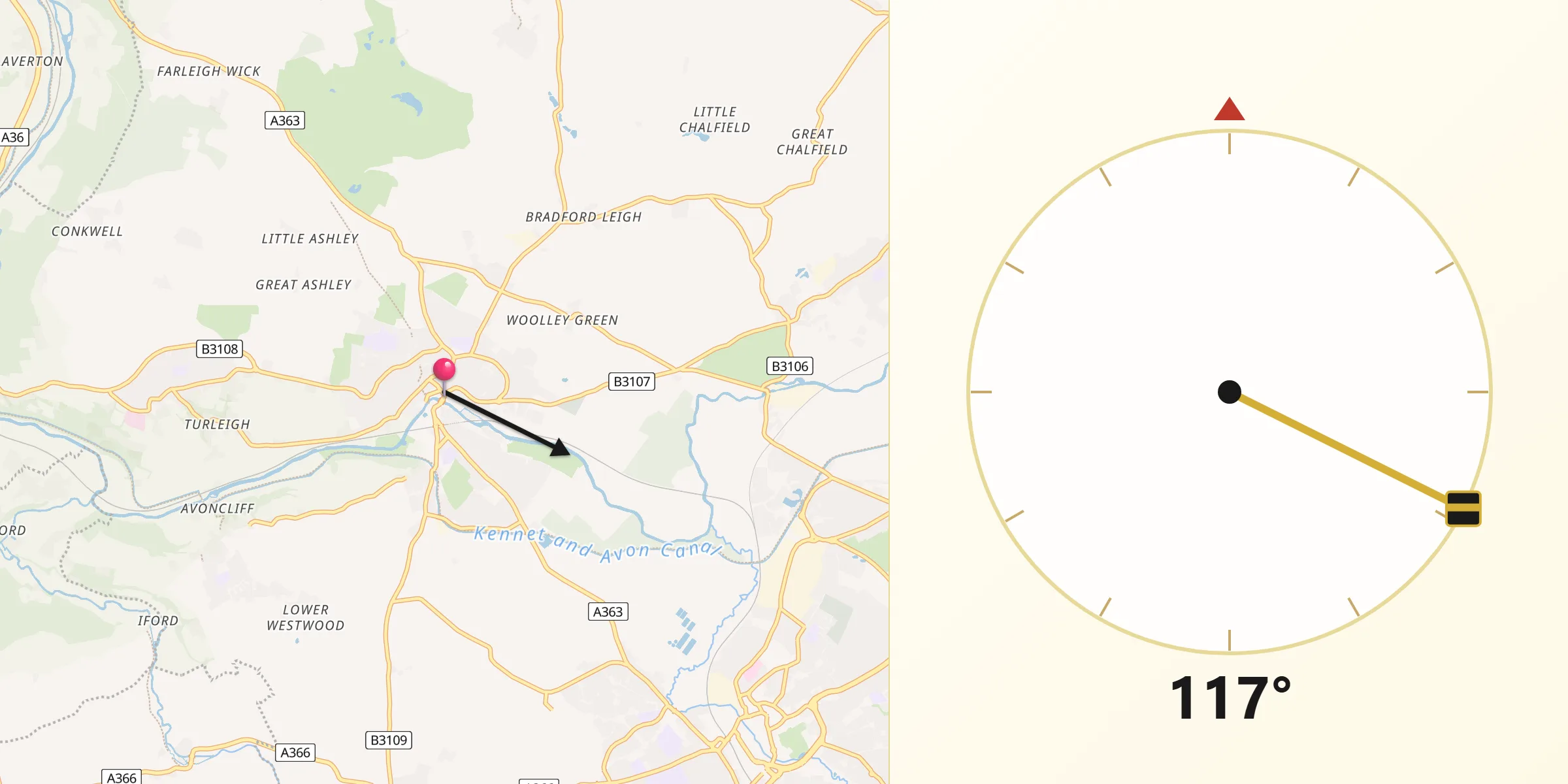 Qibla Direction from Bradford-on-Avon