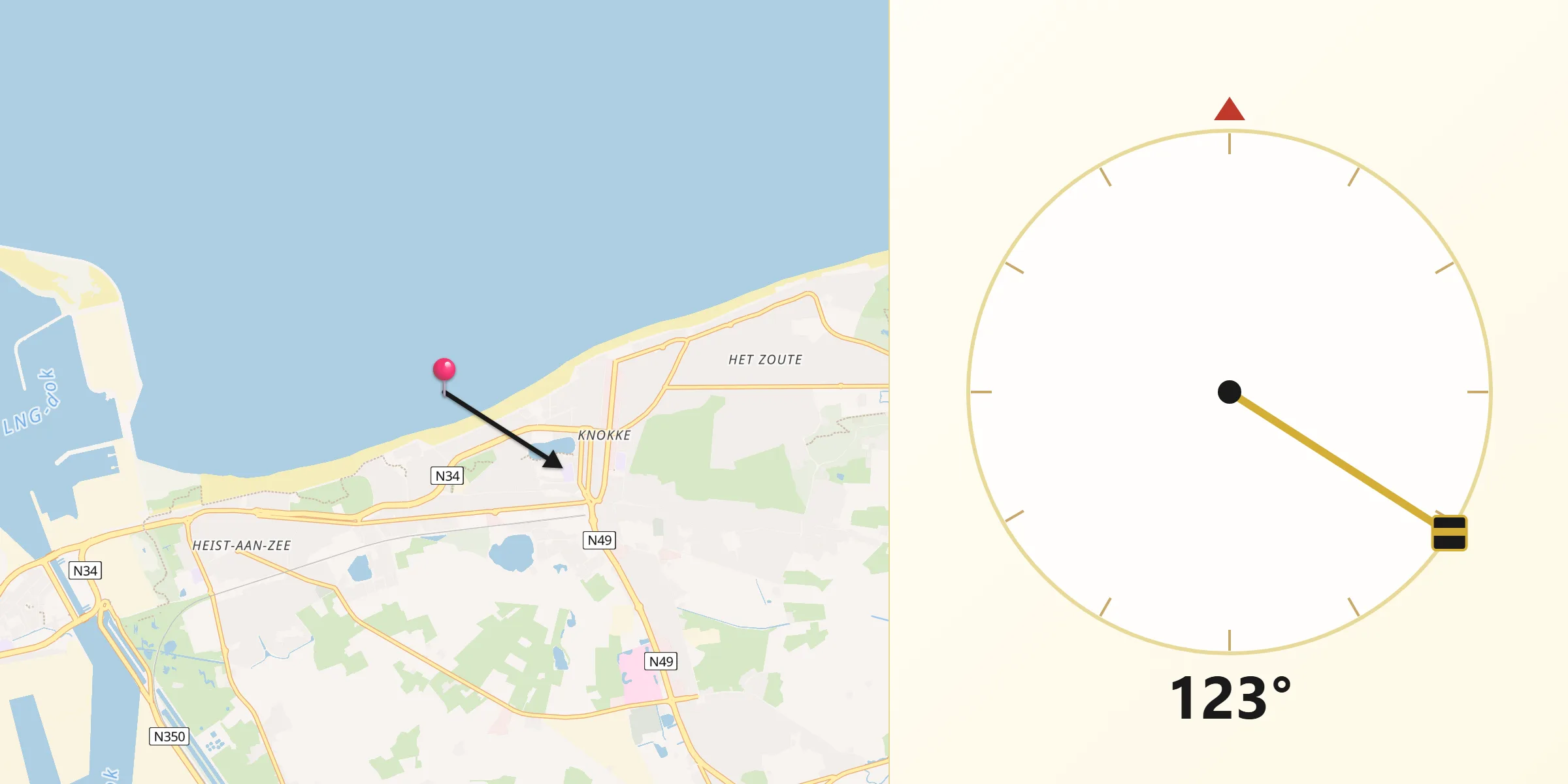 Direction vers la Qibla depuis Knokke-Heist