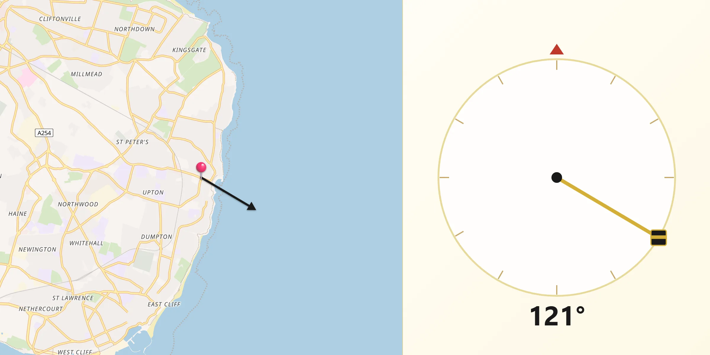 Qibla Direction from Broadstairs