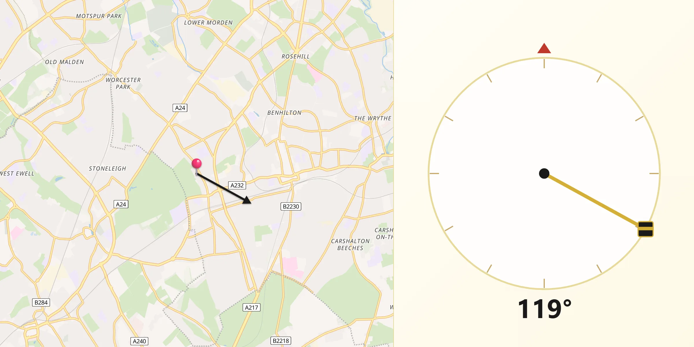 Qibla Direction from Cheam