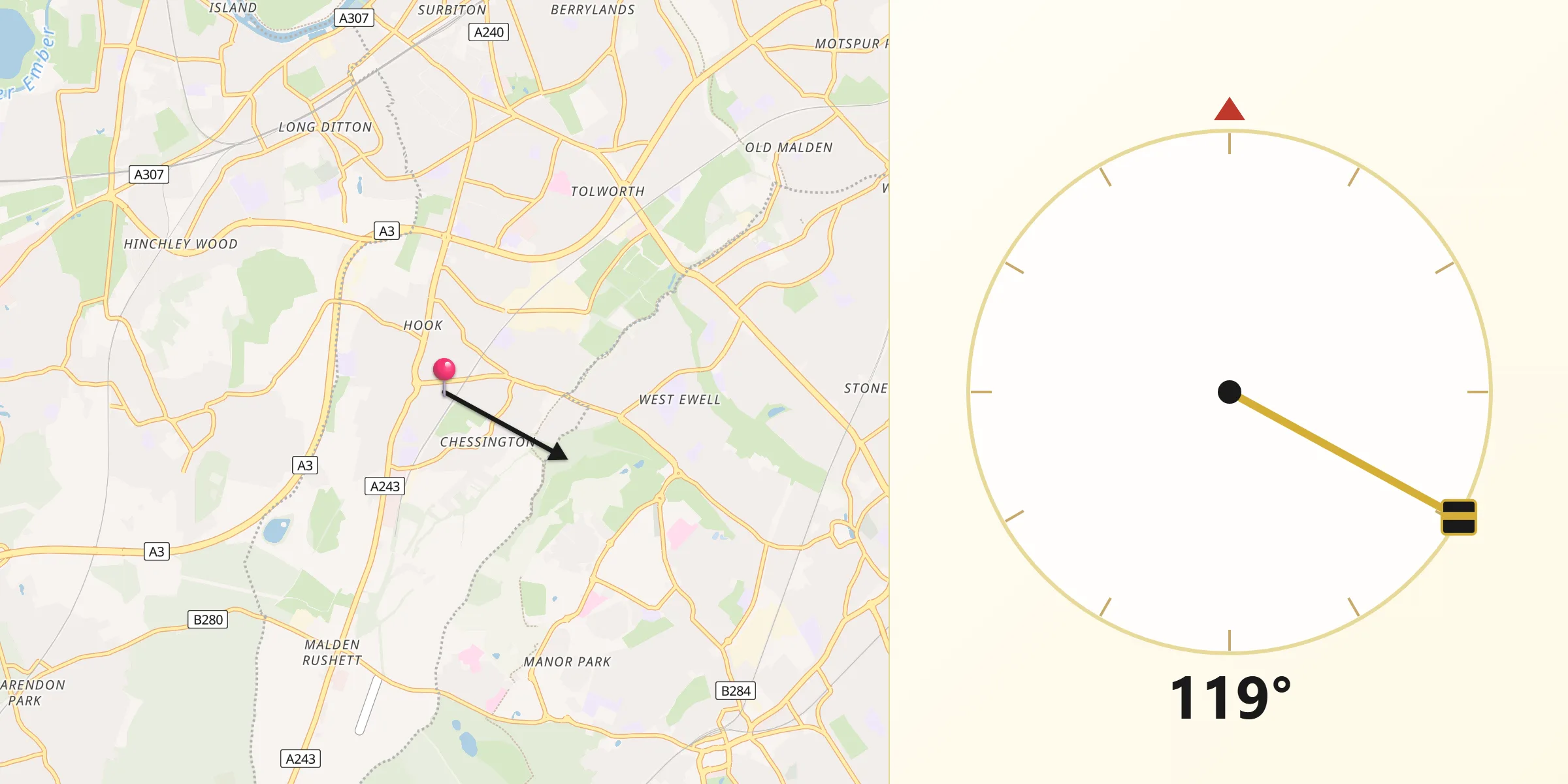 Qibla Direction from Chessington